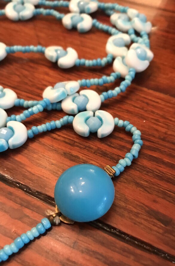 Vintage Signed WEST GERMANY Art Glass Blue Beaded Necklace And Clip On Earrings