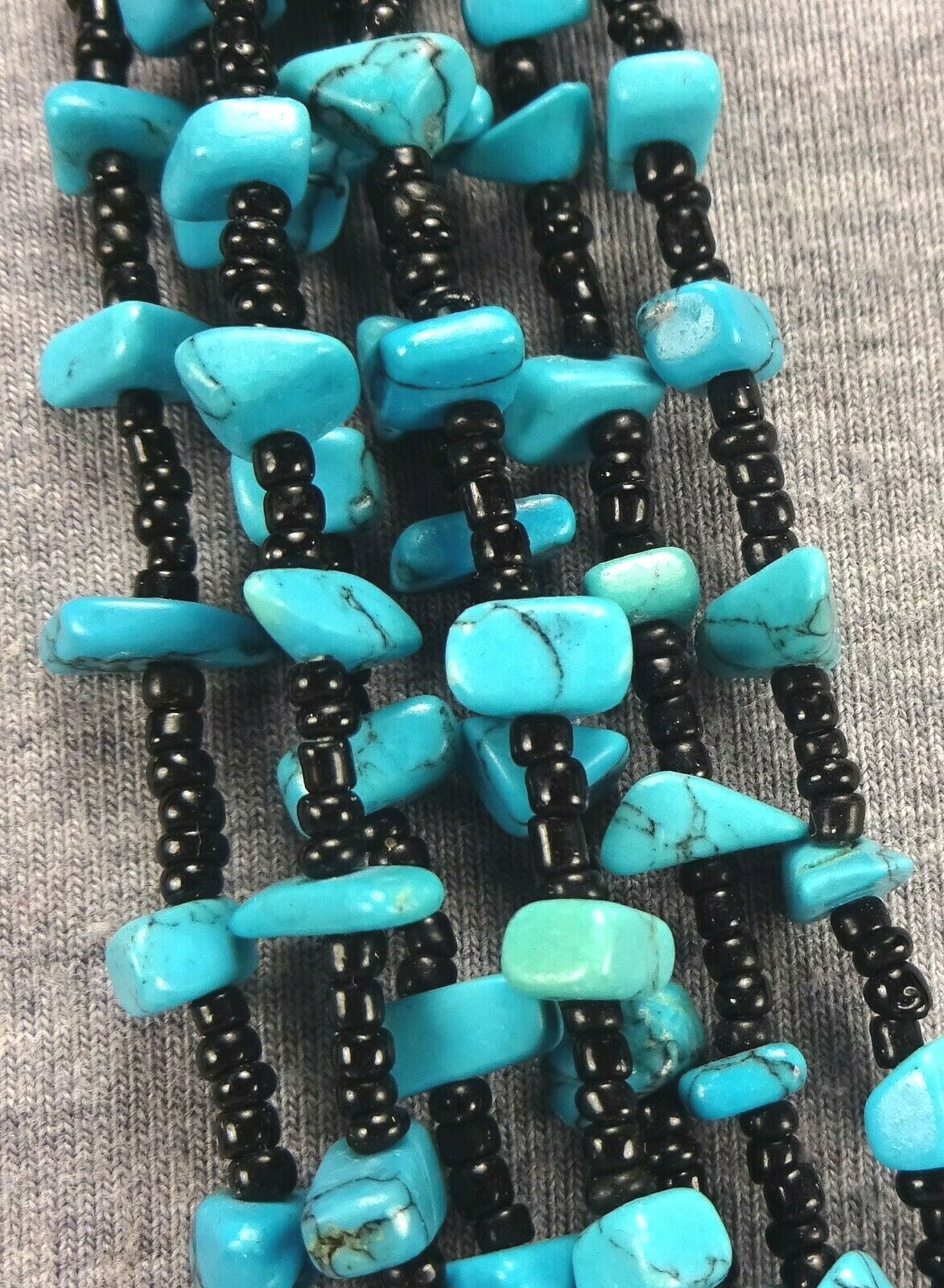 Vintage Multi Strand Turquoise & Black Glass Seed Bead Squaw Wrap Necklace