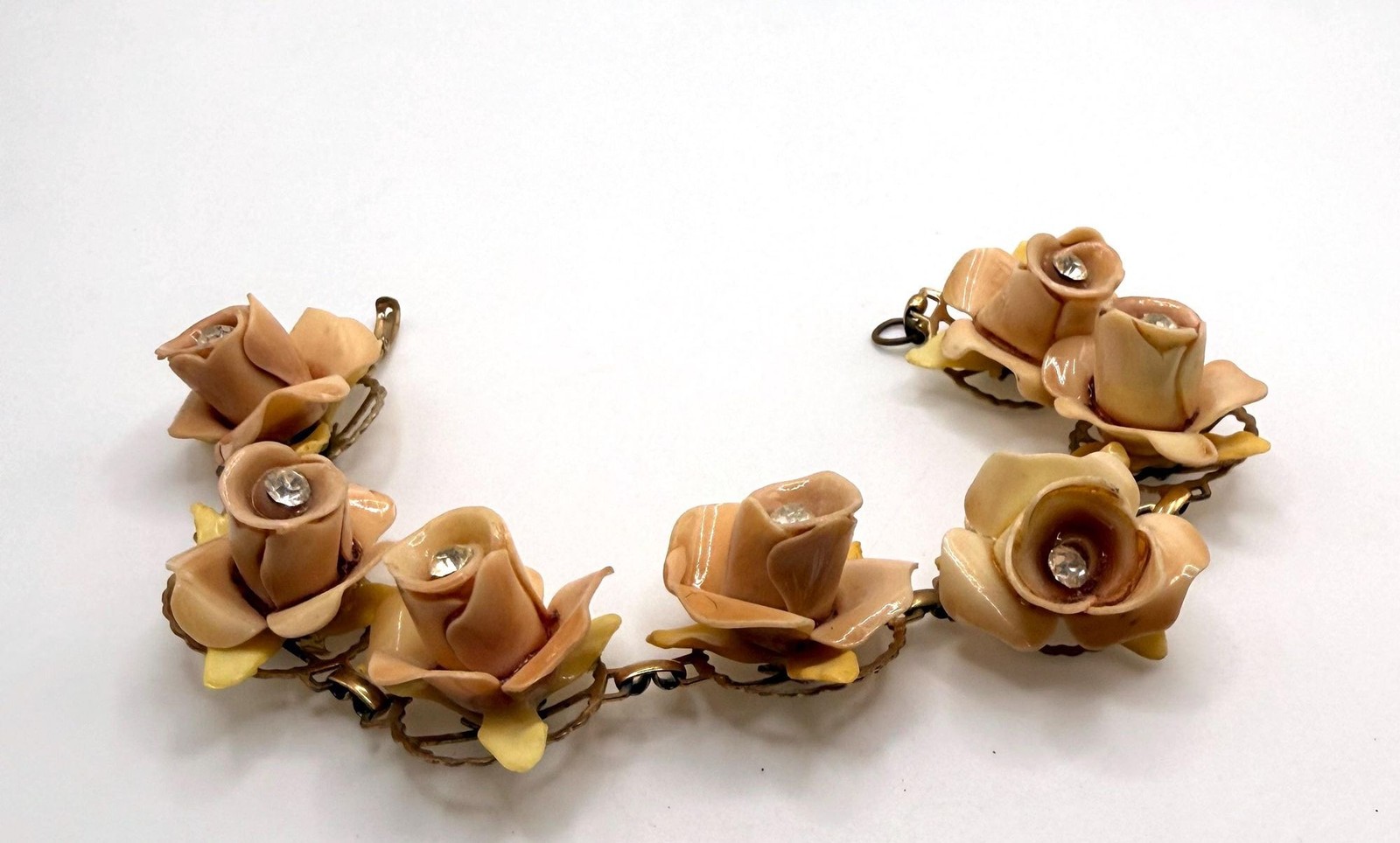 Vintage muted pink celluloid rose rhinestone bracelet