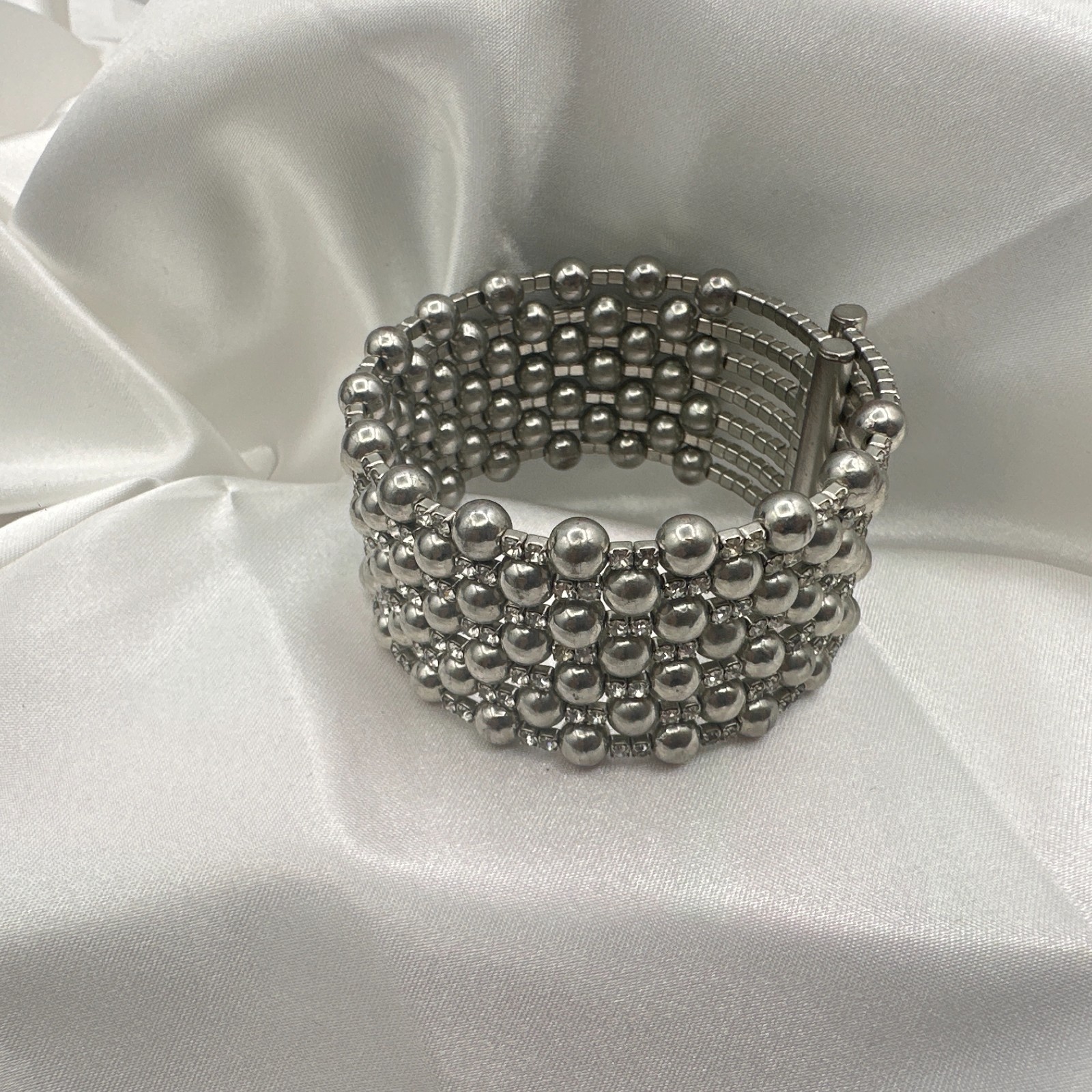 Vintage 90s Silver Tone Multi Row Bead Clear Glass Wide Cuff Statement Bracelet