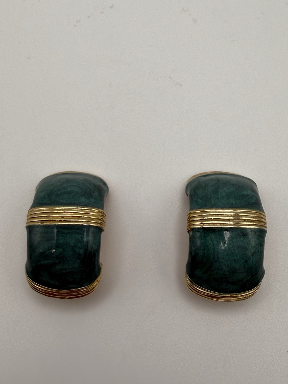 Vintage Gay Boyer GreenEnamel Gold Tone Half Hoop Clip On Earrings