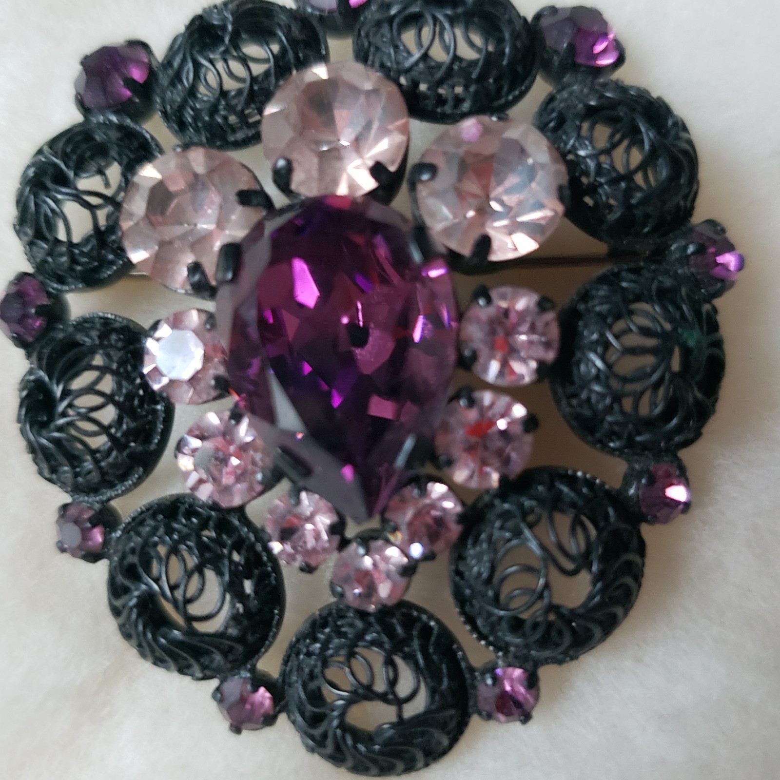 Vtg Filigree Brooch Purple Teardrop Stone Pink Mid-Century Japanned Gunmetal