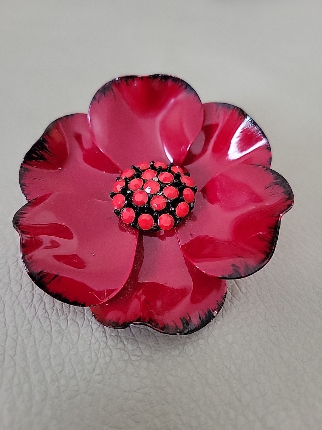 VNTG Large Bright Red Poppy Flower Brooch Black Border & Red Beads Center 2.5