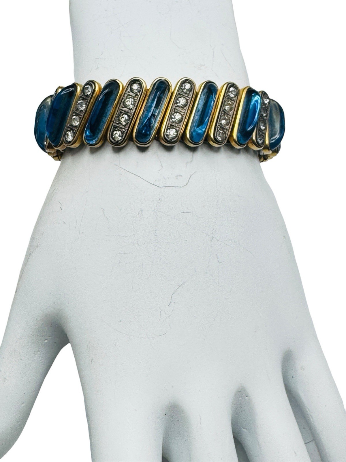 Vintage Blue Glass Cabochon Expansion Bracelet Rhinestones Nice DFB Co