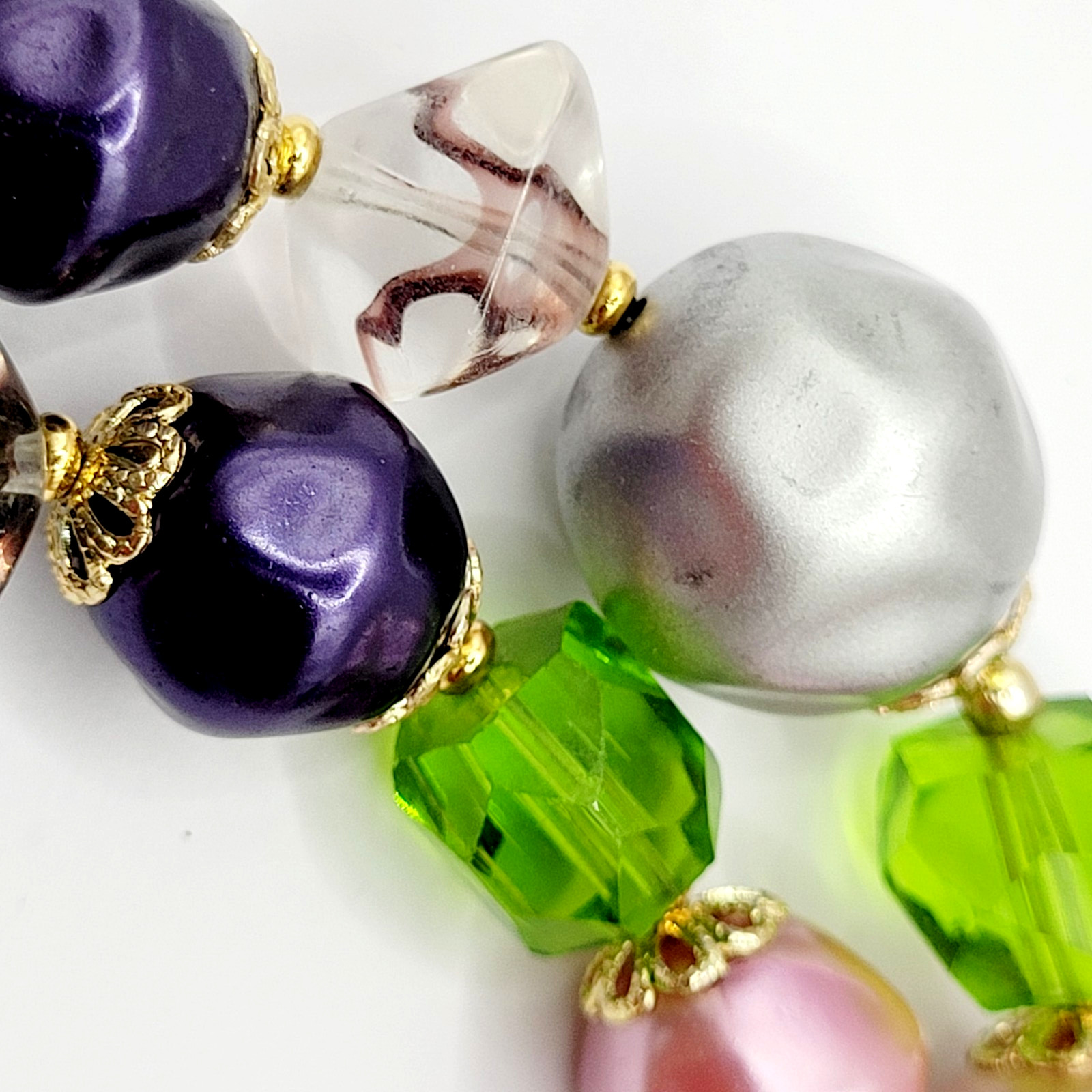 Colorful Glass & Faux Pearl Style Multi Color Shape Bead Vintage Necklace 21 In