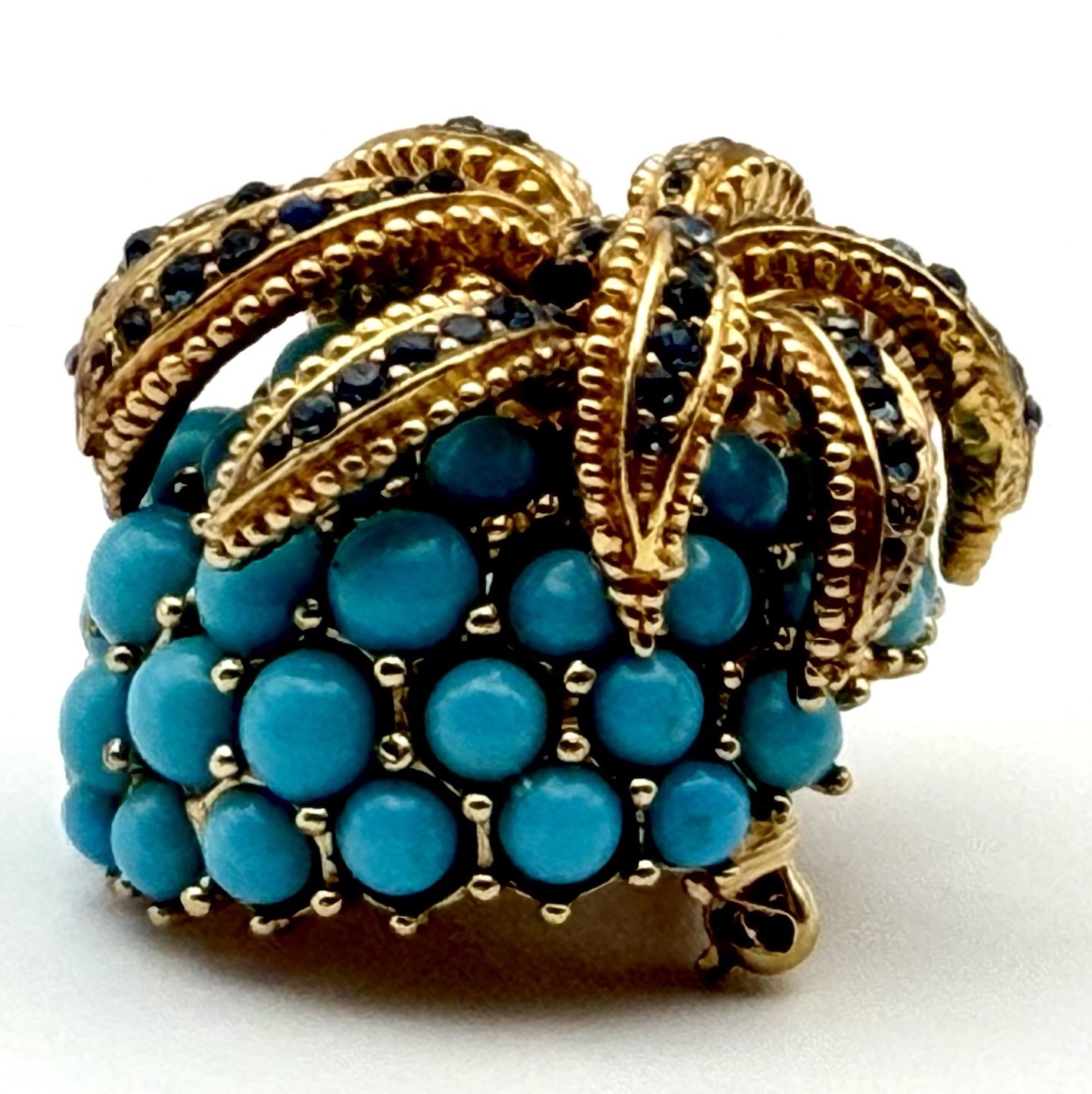 CINER Pineapple Brooch Faux Turquoise Cabochon Rhinestone Gold Tone Signed Vtg