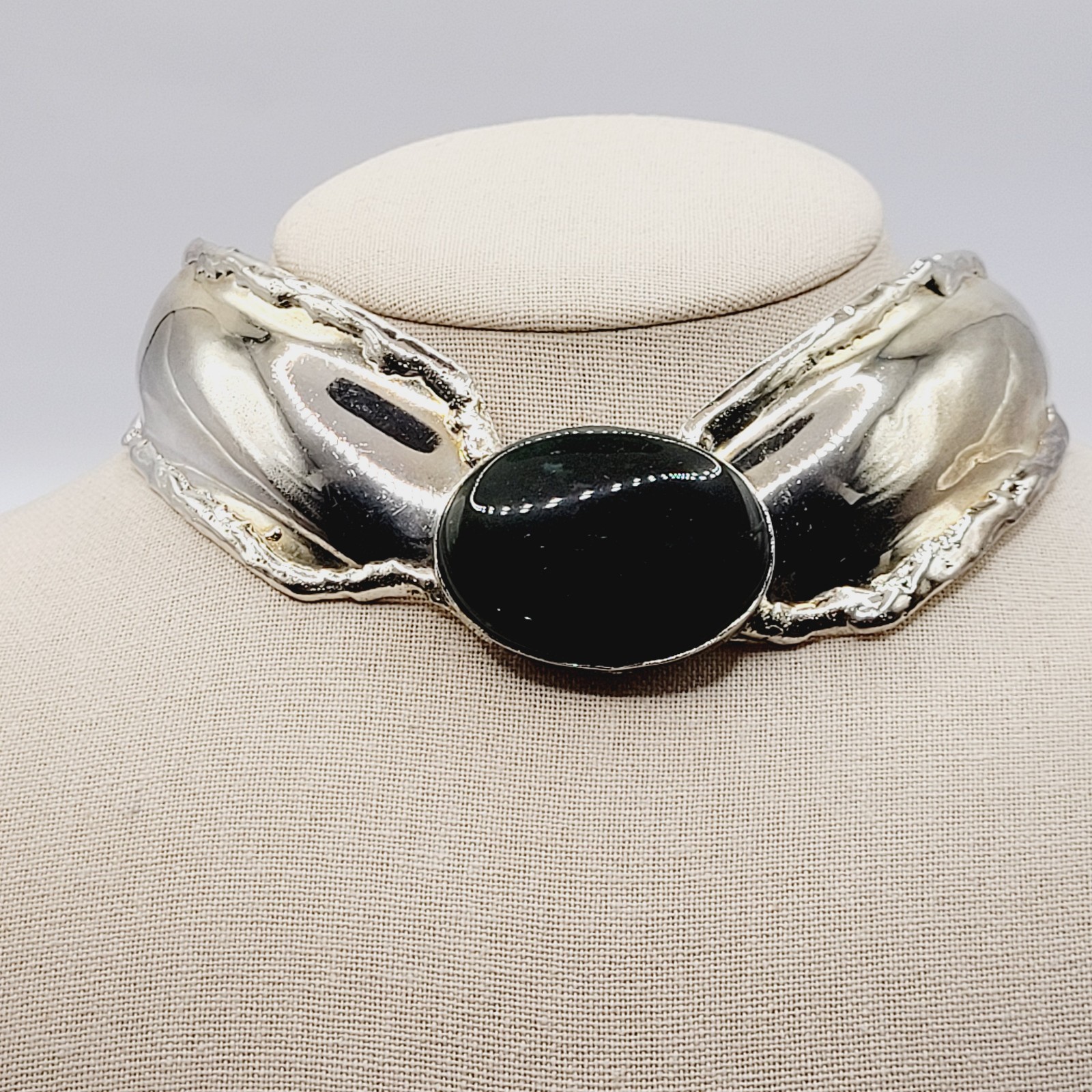 SW Style Collar Handmade Silver Tone Metal Green Agate Stone ROUGH Vtg Necklace