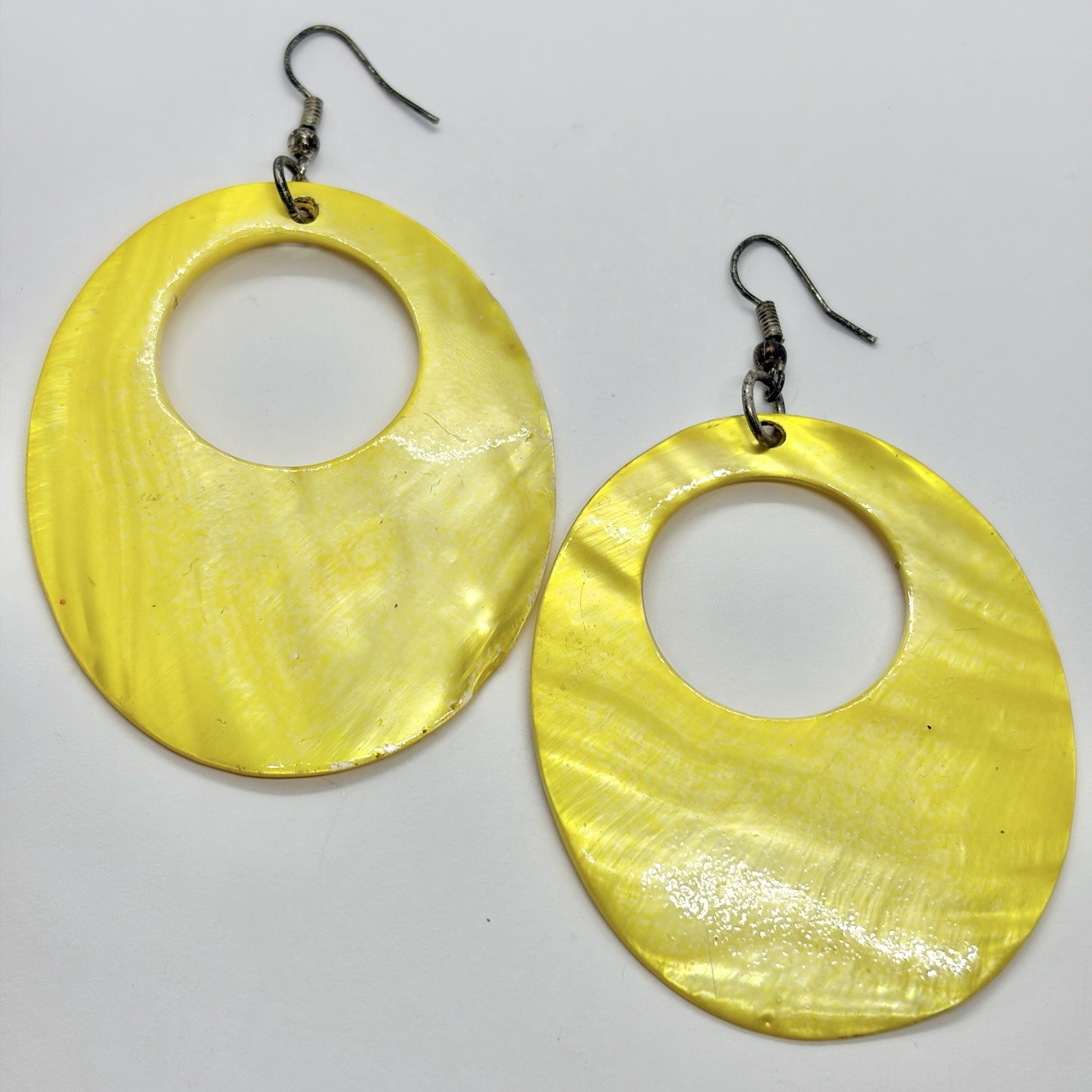 Vtg XL Yellow MOP Hoop Statement Dangle Drop Earrings Hook Large Runway Big