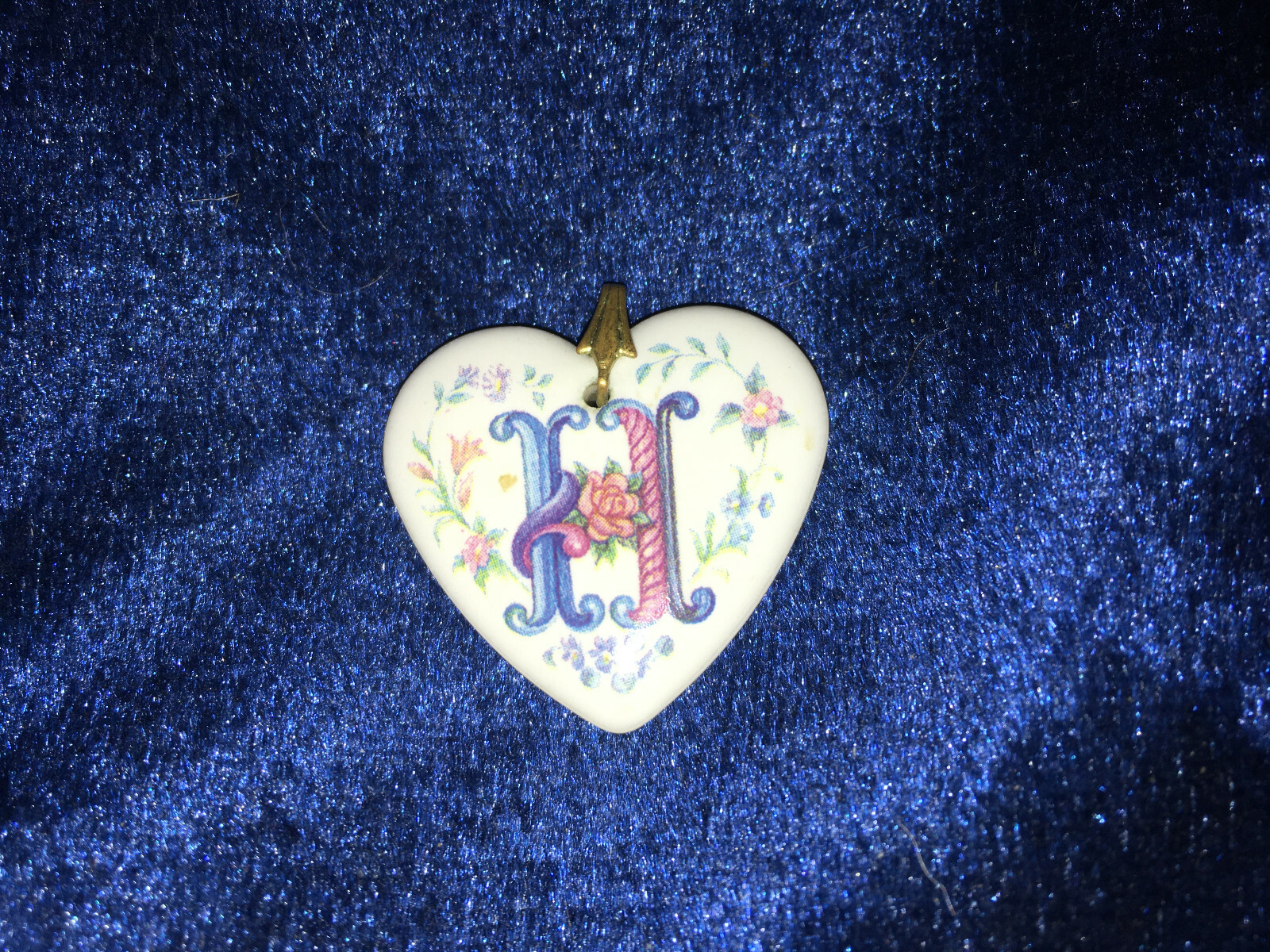 Antique Porcelain Hand Painted Initial Monogram H Gold Tone Bail 1″ Pendant