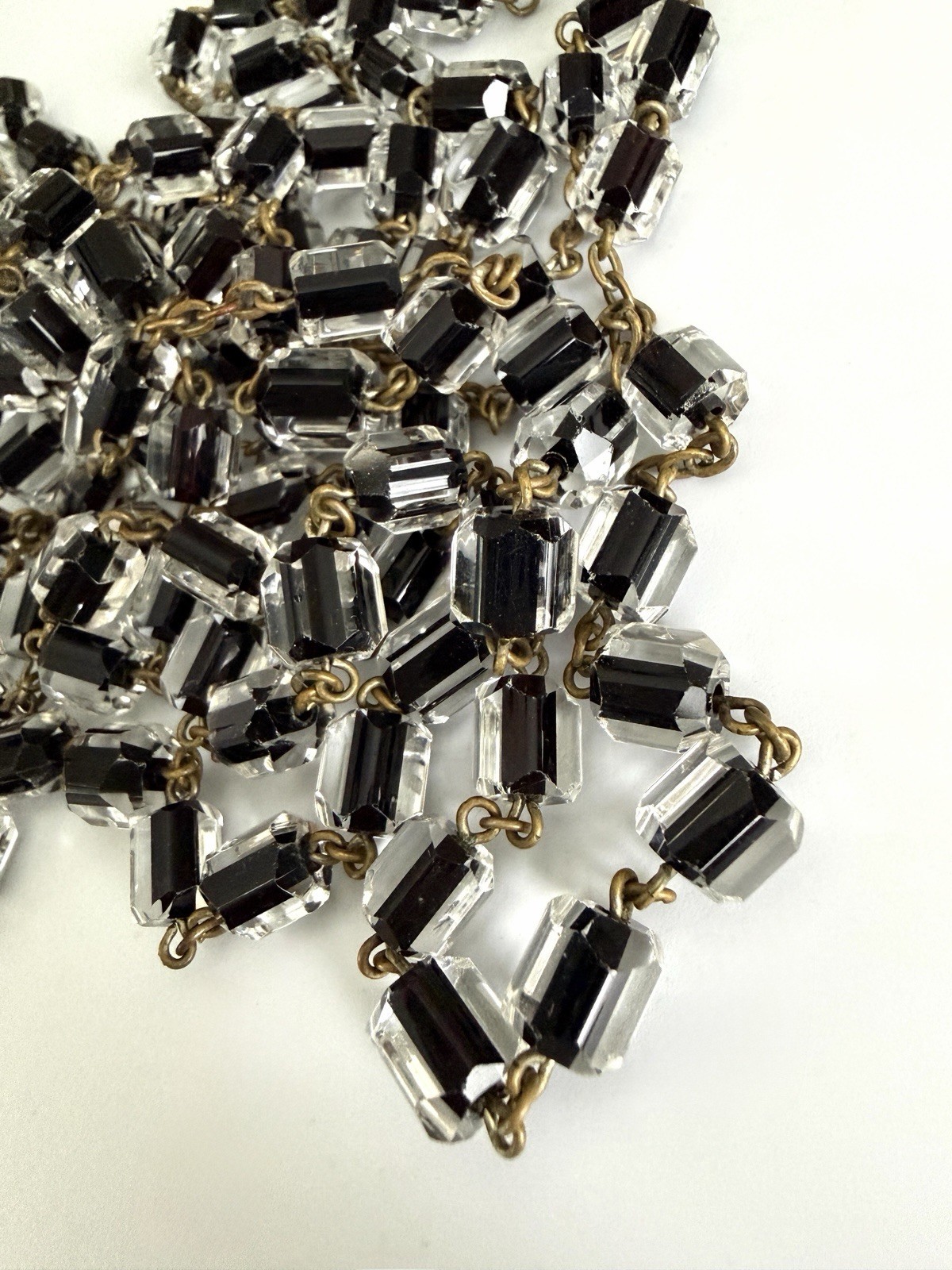 Antique Czech Jet Black & Clear Geometric Glass Bead 60″ + Extra Long Necklace