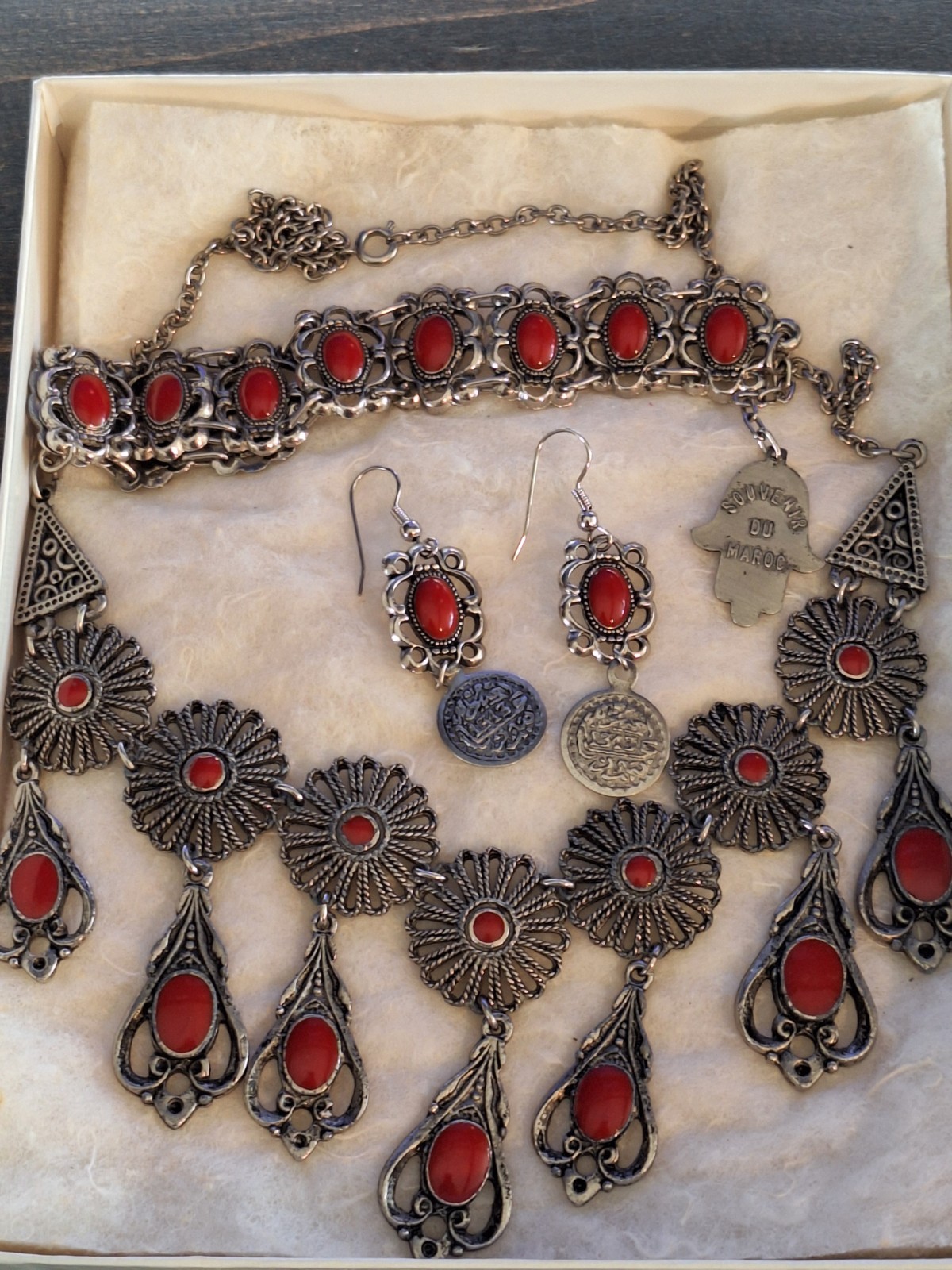 Vintage Moroccan SOUVENIR DU MARCO Jewelry Set Necklace Link Bracelet Hamsa Hand