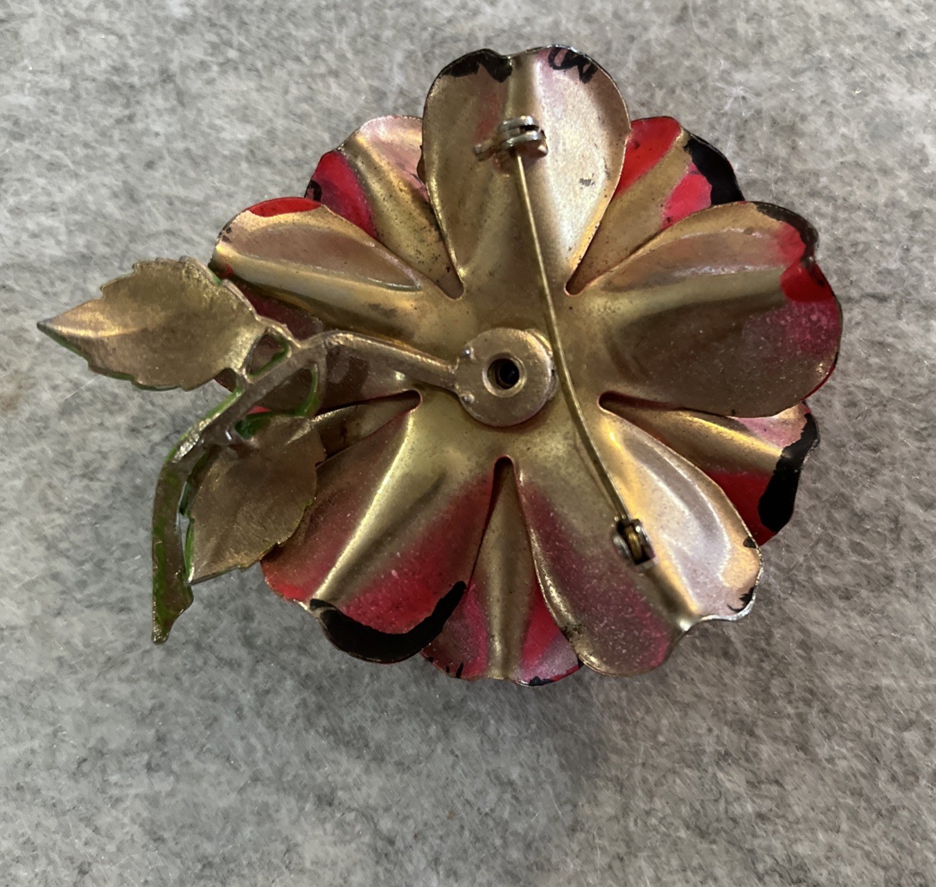 Vintage 1960s Red Enamel Poppy Flower Brooch Pin Mod Retro Boho Unsigned