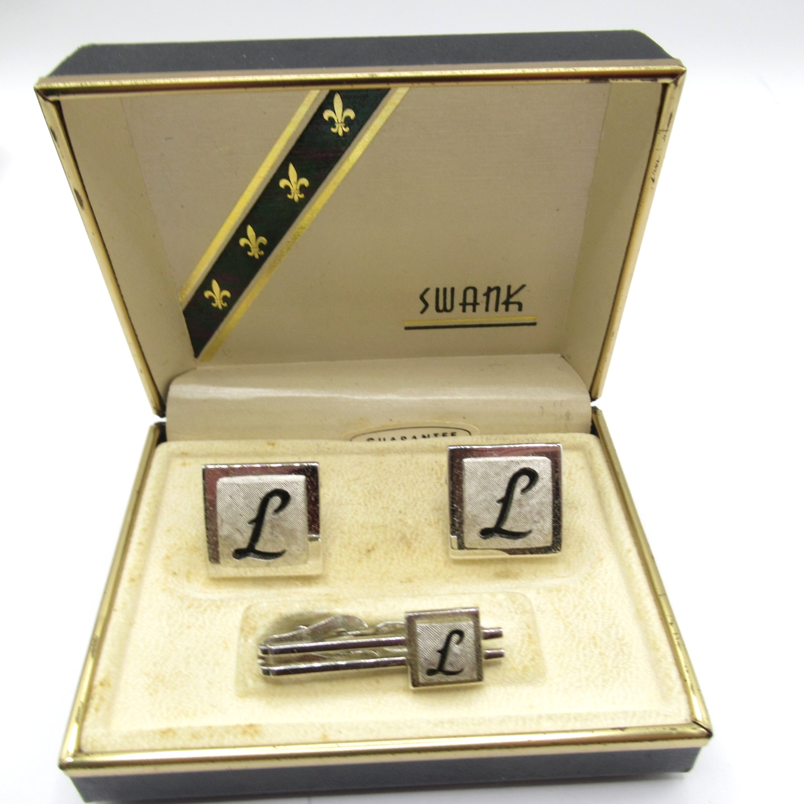 Swank Set Letter Initial L Cufflinks Tie Clip Vintage in Box Signed