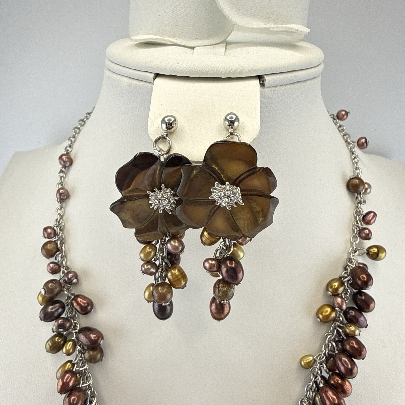 Tigers Eye Pearl Necklace Earrings Set Floral Waterfall Cluster Silver Tone QVC