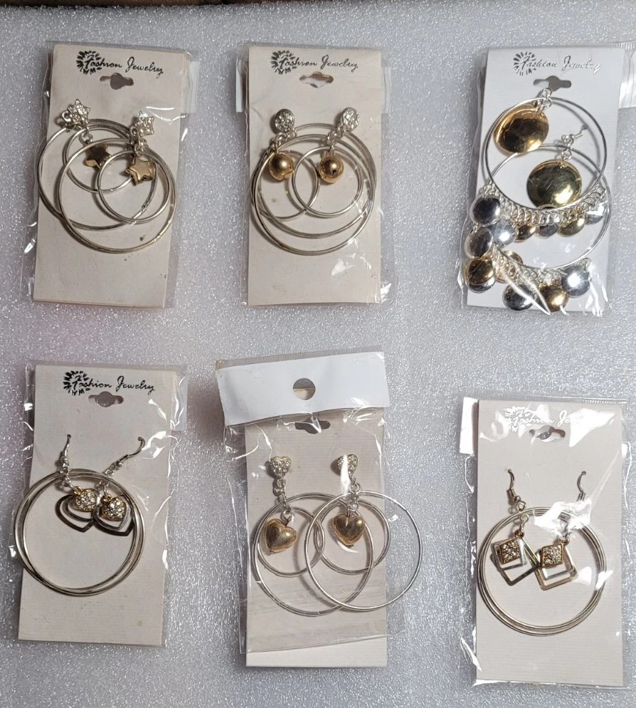 6 Pairs NEW VINTAGE DANGLE HOOPS EARRINGS PIERCED DROP BIG CLASSIC • OLD STOCK