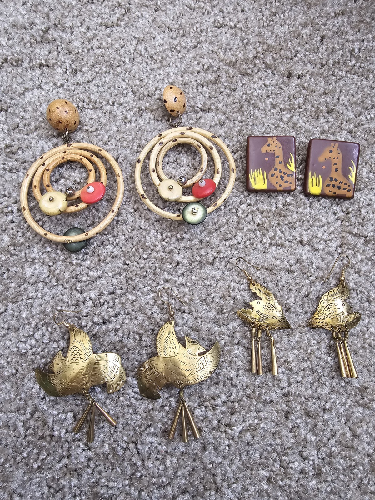 Vintage 4 Piece Lot Boho Earrings Pierced Brass Birds Bamboo Giraffe Art Teacher