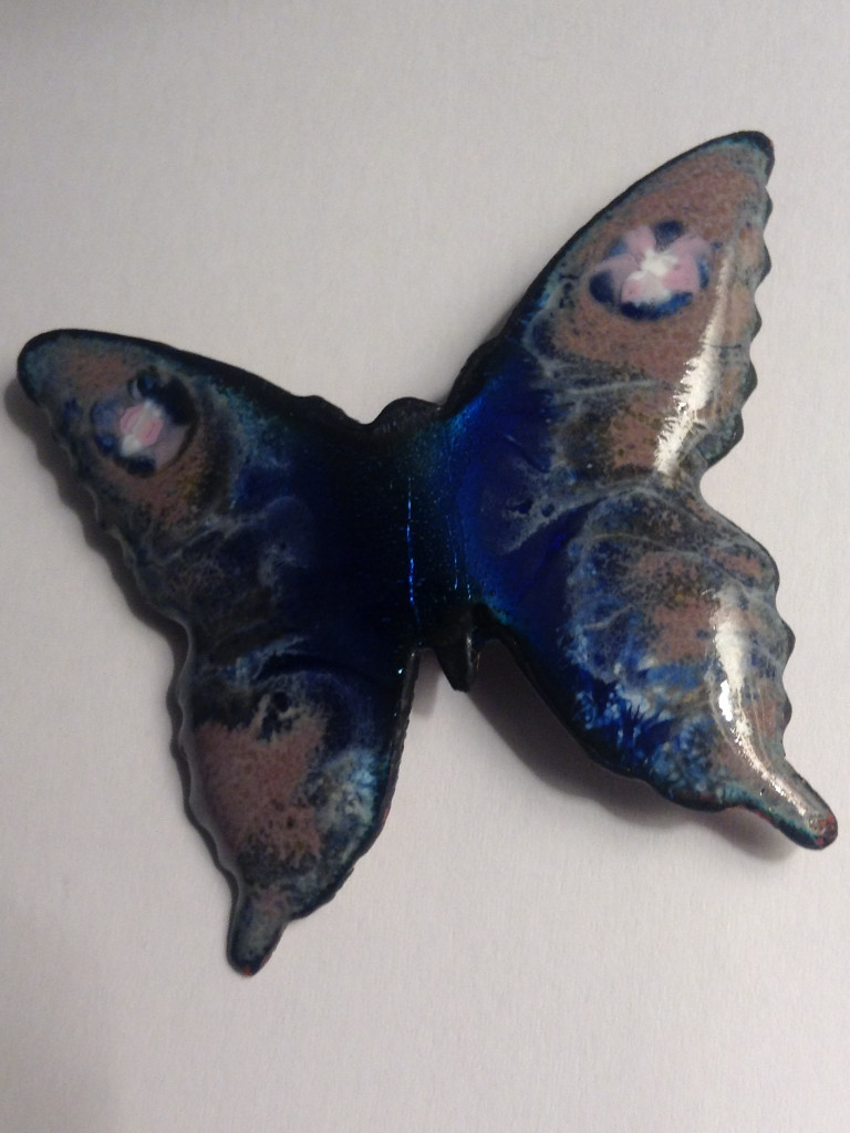 Hand made enamel iridescent blue brooch violet, and mauve butterfly