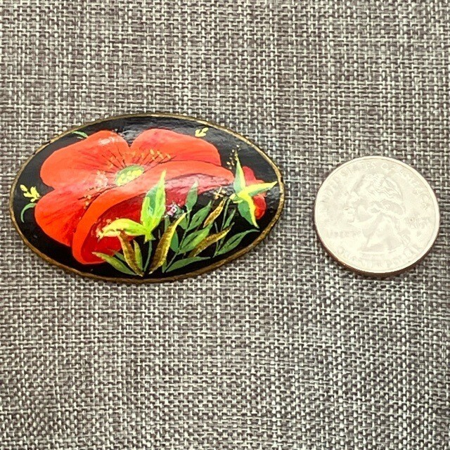 Hand-Painted Floral Brooch Pin 2×1 In Signed HM Oval Red Poppy Flower Black