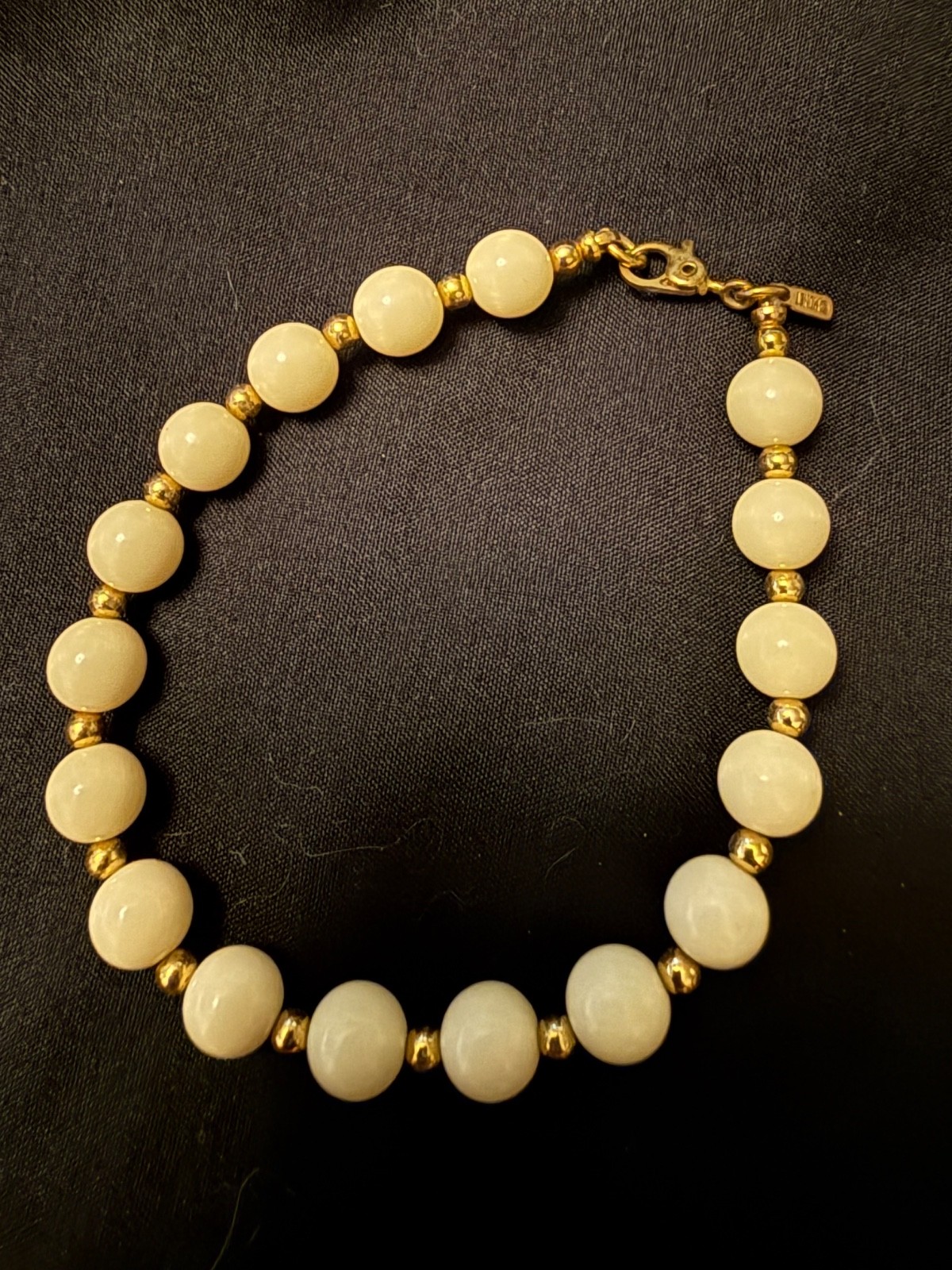 Vintage Monet White Beaded Signed Bracelet Gold Tone Chic Classic Sister Clasp
