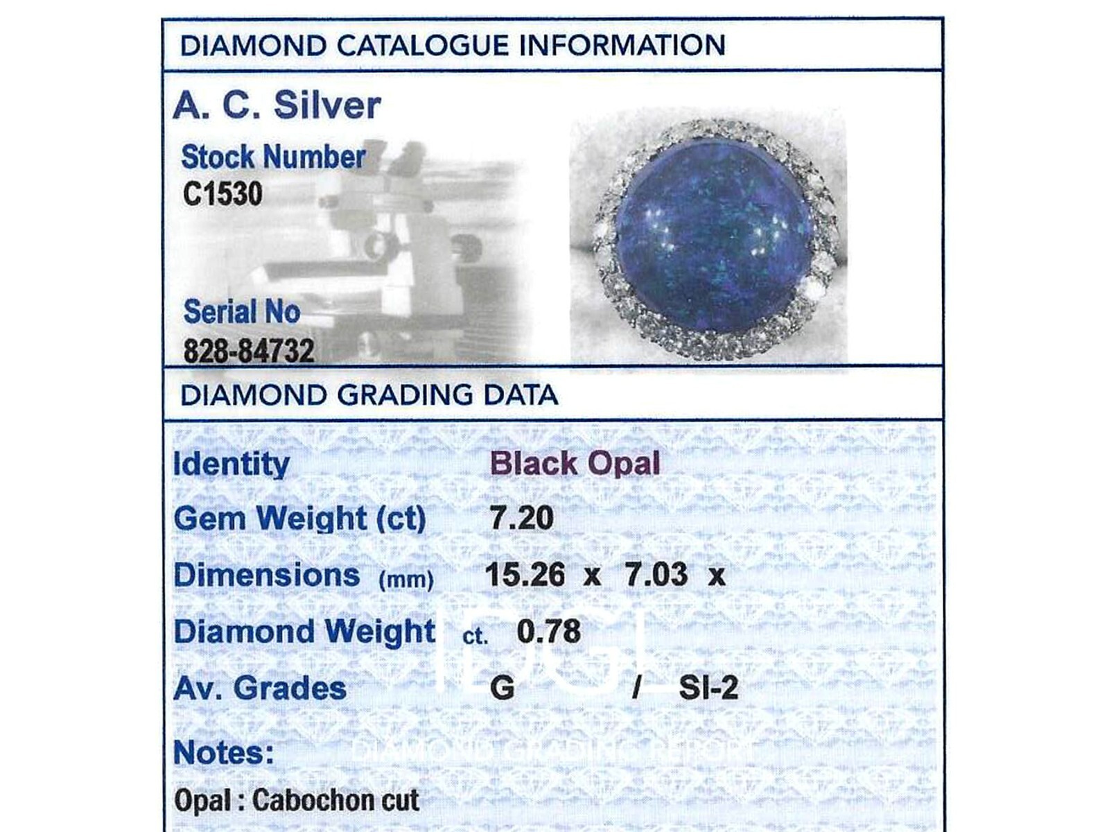Antique 7.20Ct Black Opal and 0.78Ct Diamond, Platinum Dress Ring Circa 1930