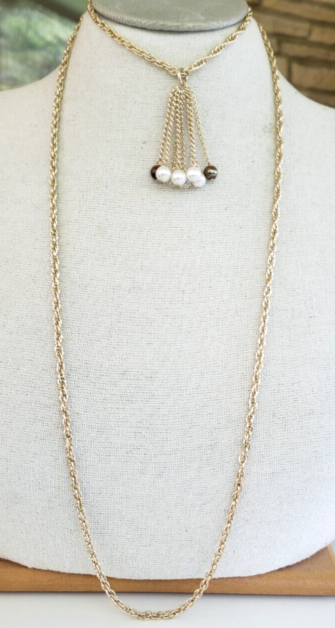 Vintage Bead Tassel Pendant Gold Tone Aluminum Necklace 41″ Clasp Less