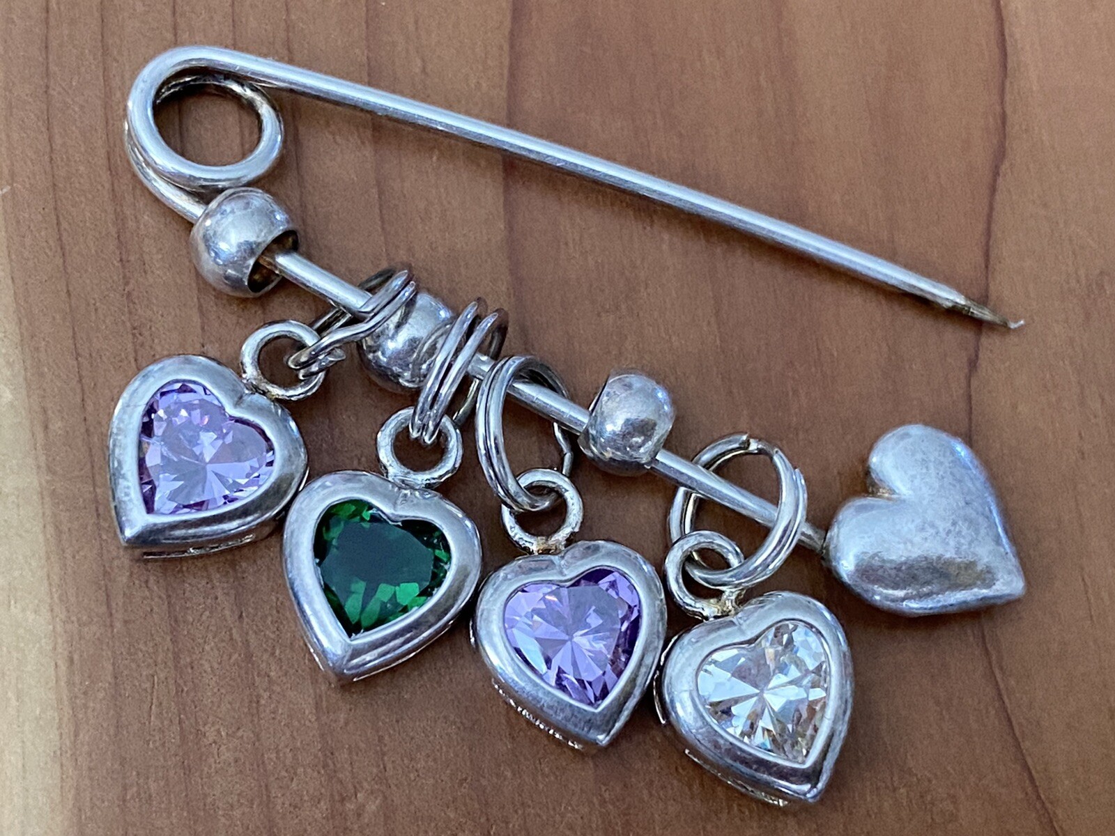 Vintage 925 Sterling Silver Purple, Green & White CZ Heart Shaped Pin / Brooch