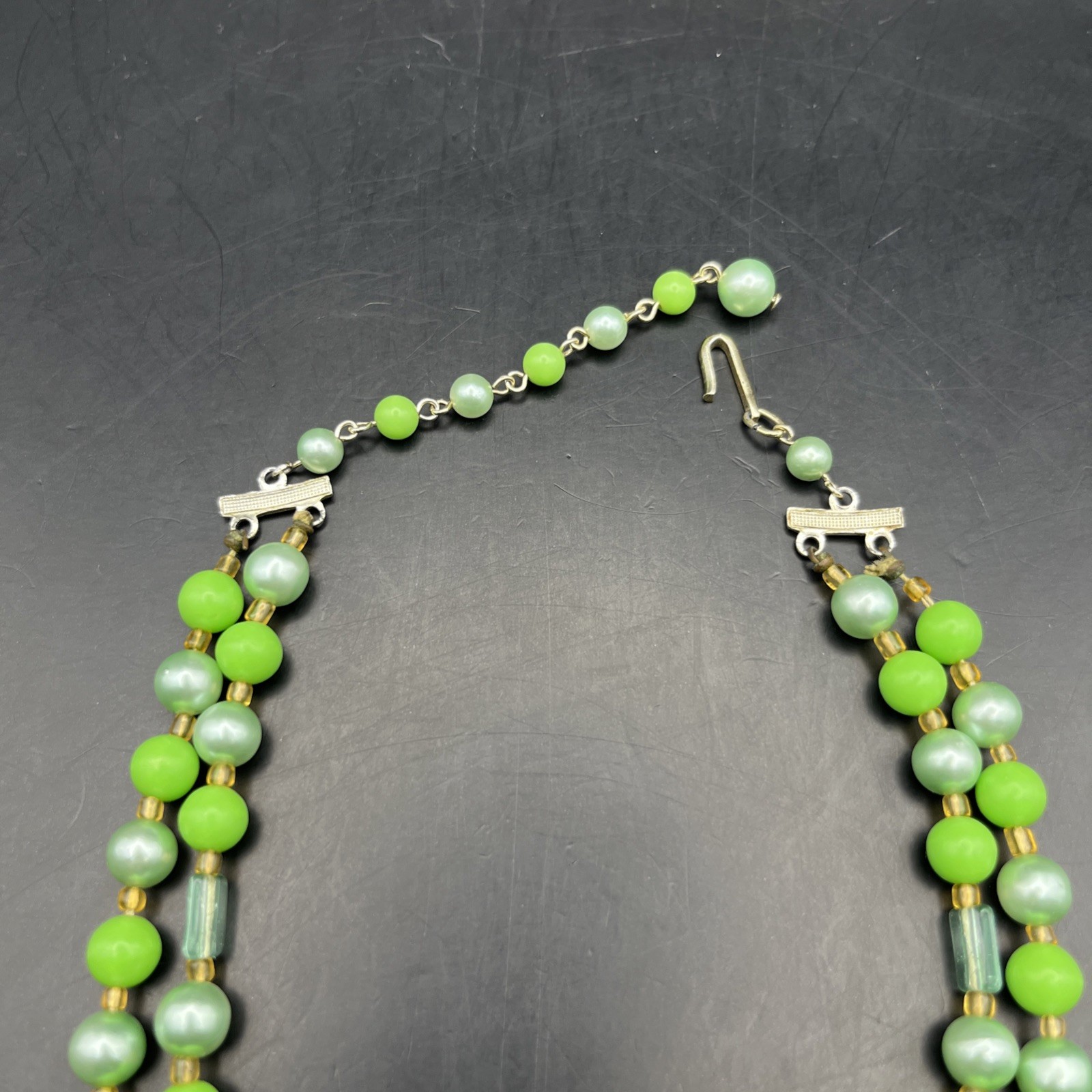 Vintage Green Multi Strand Collar Necklace Faux Pearl Art Glass Japan Layered