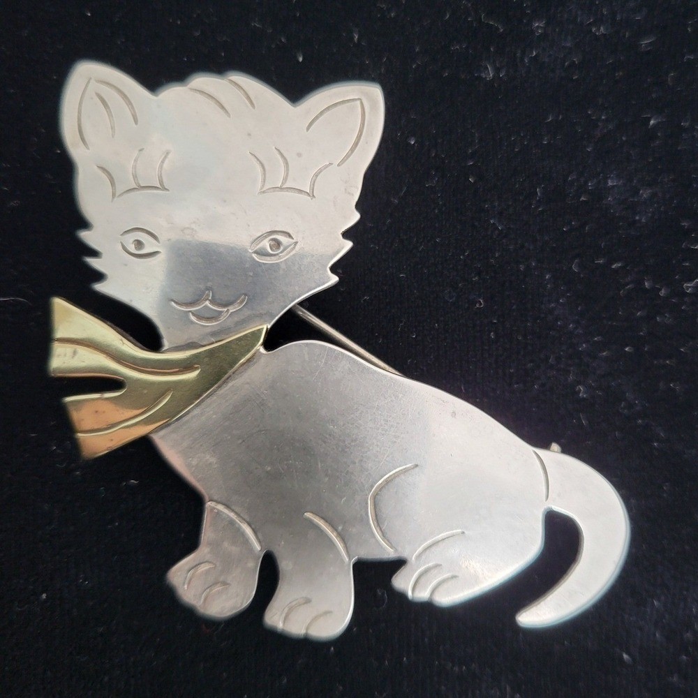 Sterling Silver 925 Kitten Cat Brooch Pin Pendant Vintage Taxco Mexico