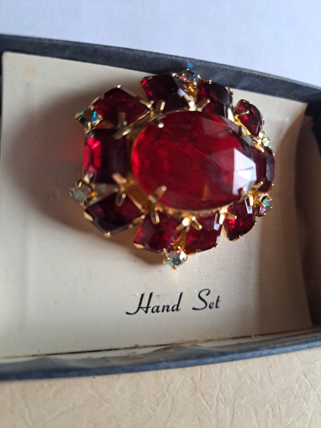 Vintage Czech Goldtone Ruby Art Glass & Faux Opals Pin Brooch Mint In Box