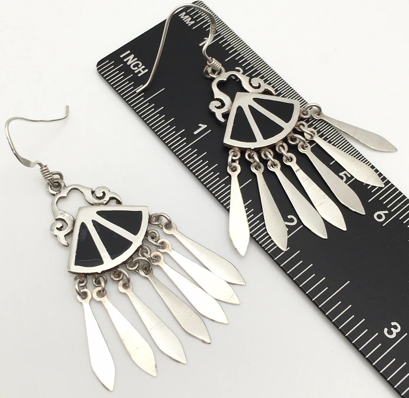 Vtg Sterling Silver Southwestern Black Inlay Dangle Earrings Marked 925 6.7g #41
