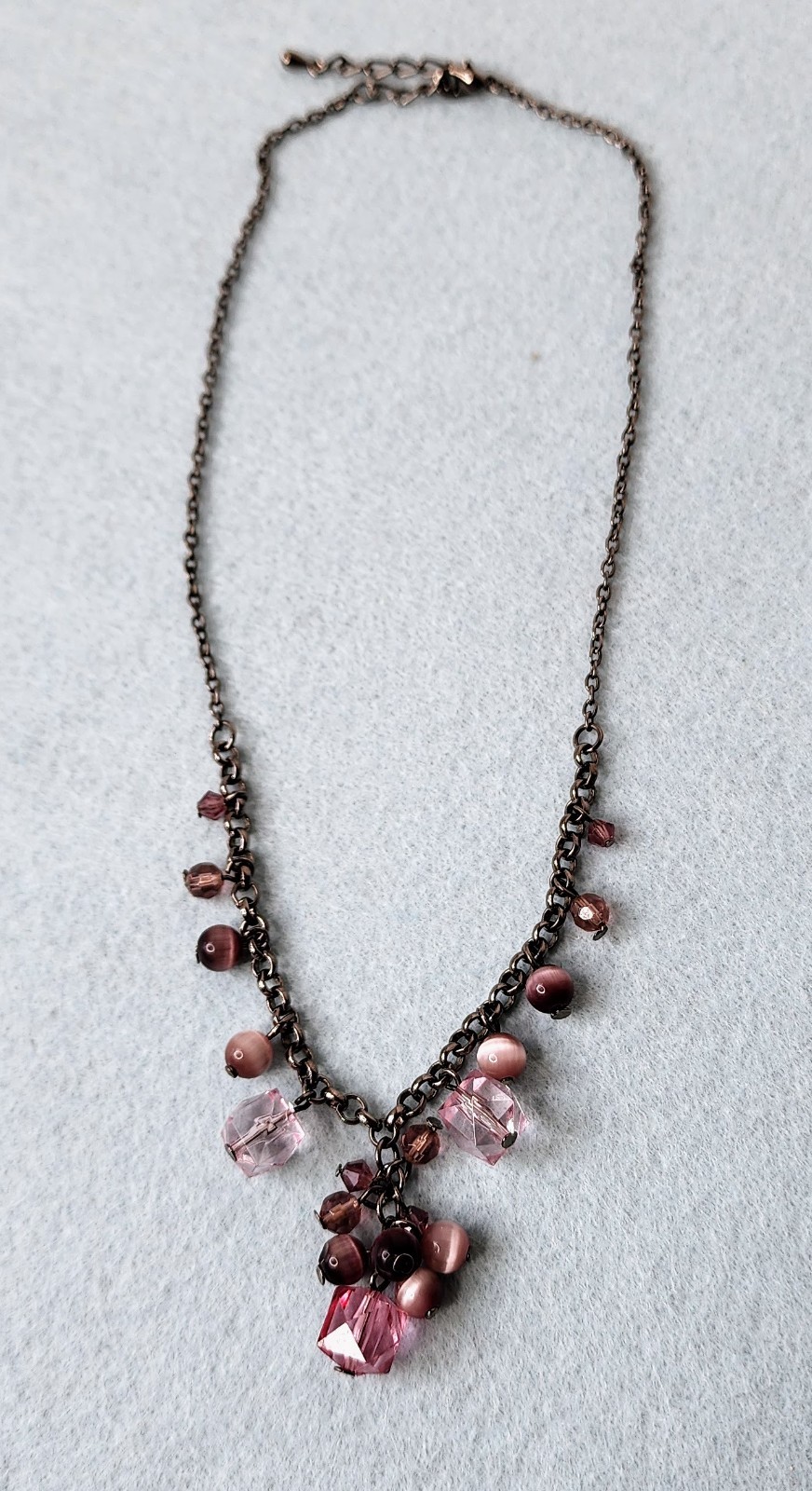 Vintage Style Pink Crystal & Cat Eye Bead Gunmetal Necklace