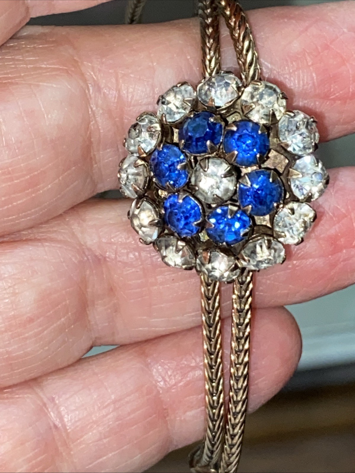 ANTIQUE VINTAGE SAPPHIRE CLEAR PASTE STONES BOLO FIX TAIL CHAIN NECKLACE 19 3/4”