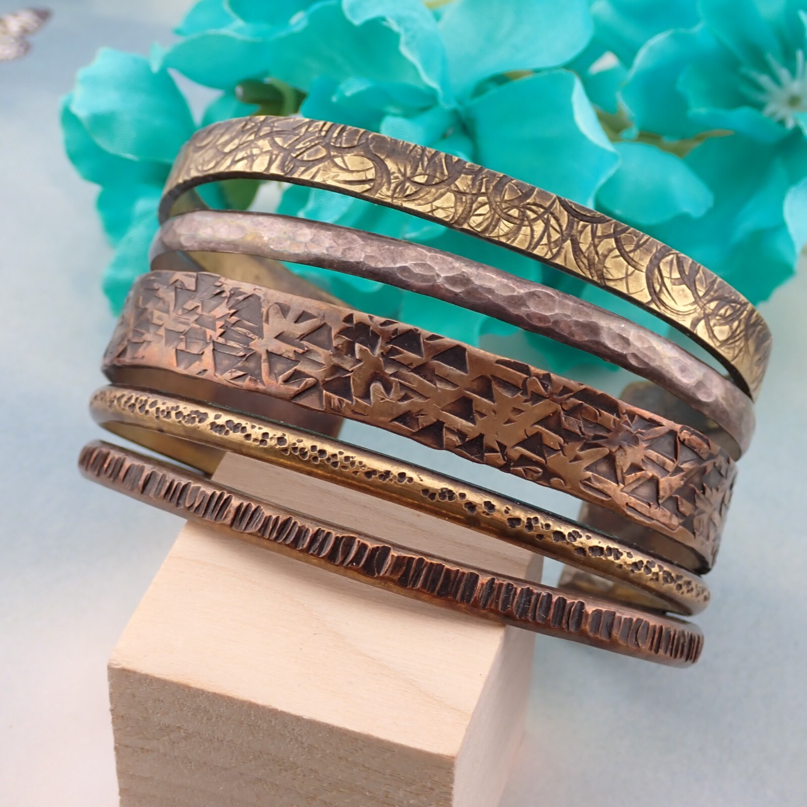 VTG Mixed Metal Sterling Silver 5 Row 7″ Hammered Stamped Textured Cuff Bracelet