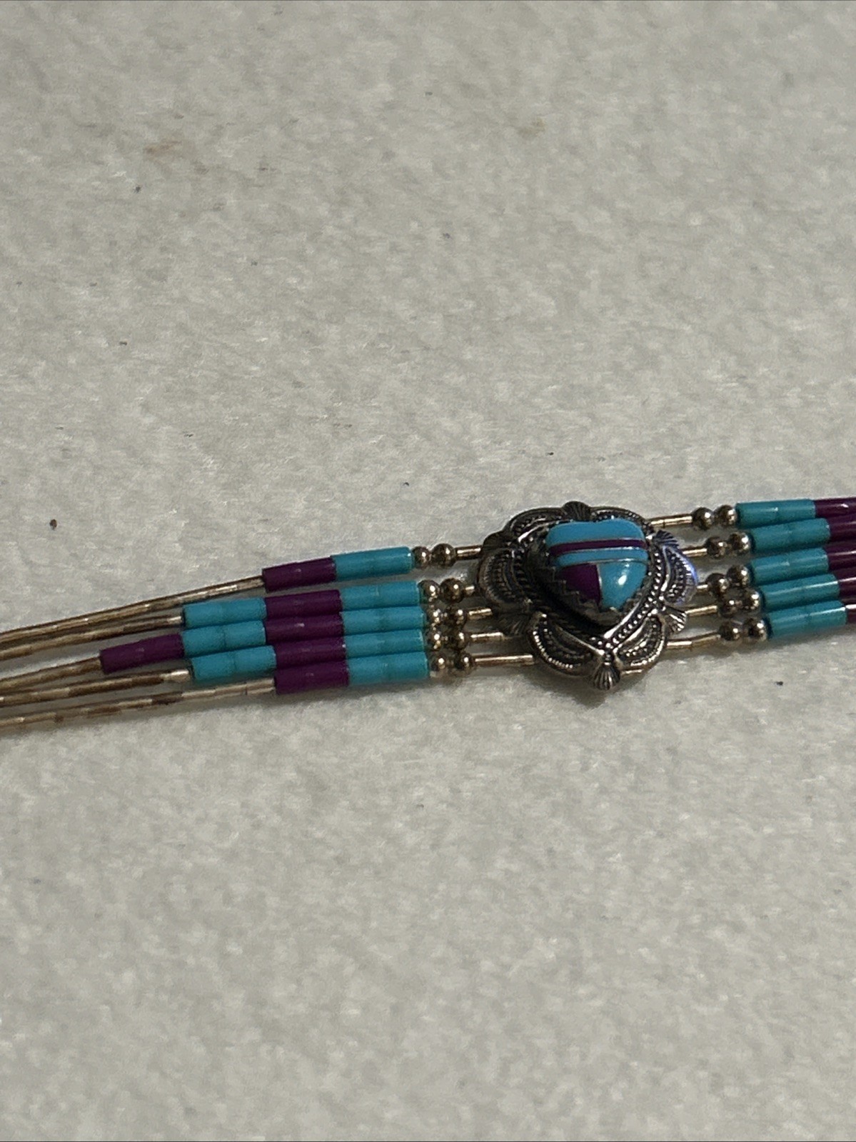 Vintage Sterling Silver Purple & Blue Turquoise Heart Inlay 925 QT Bracelet 🩵