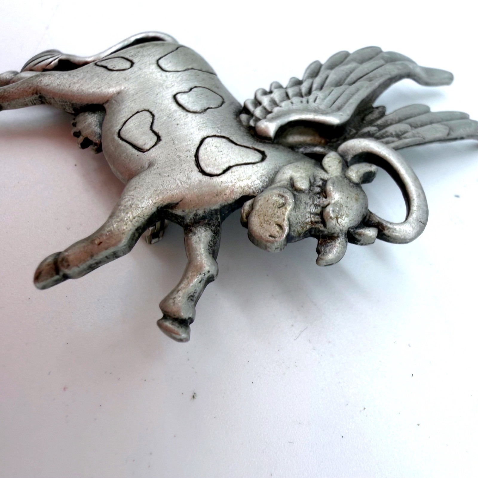 Brooch Flying Cow Signed JJ Vintage Pin Angel Wings & Halo Gold Tone
