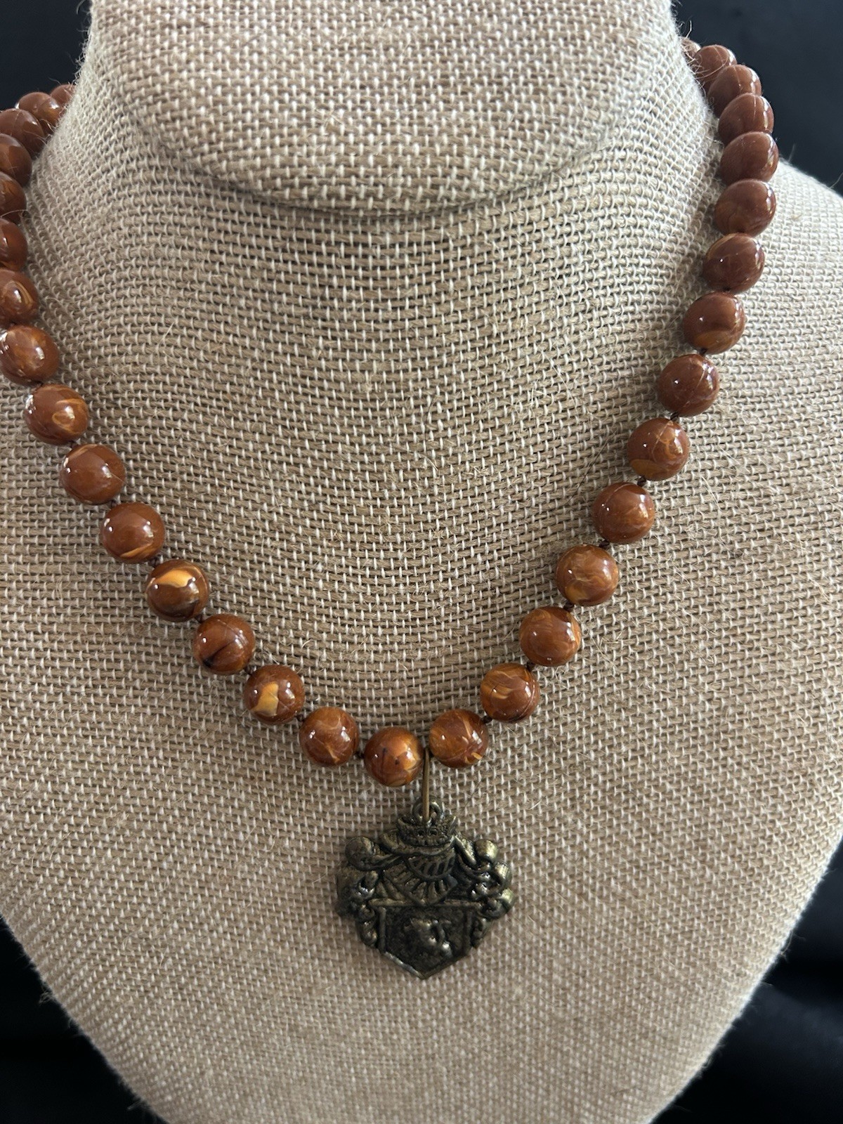 Vintage Boho Beaded Statement Necklace Ornate Heraldic Shield Crest Pendant
