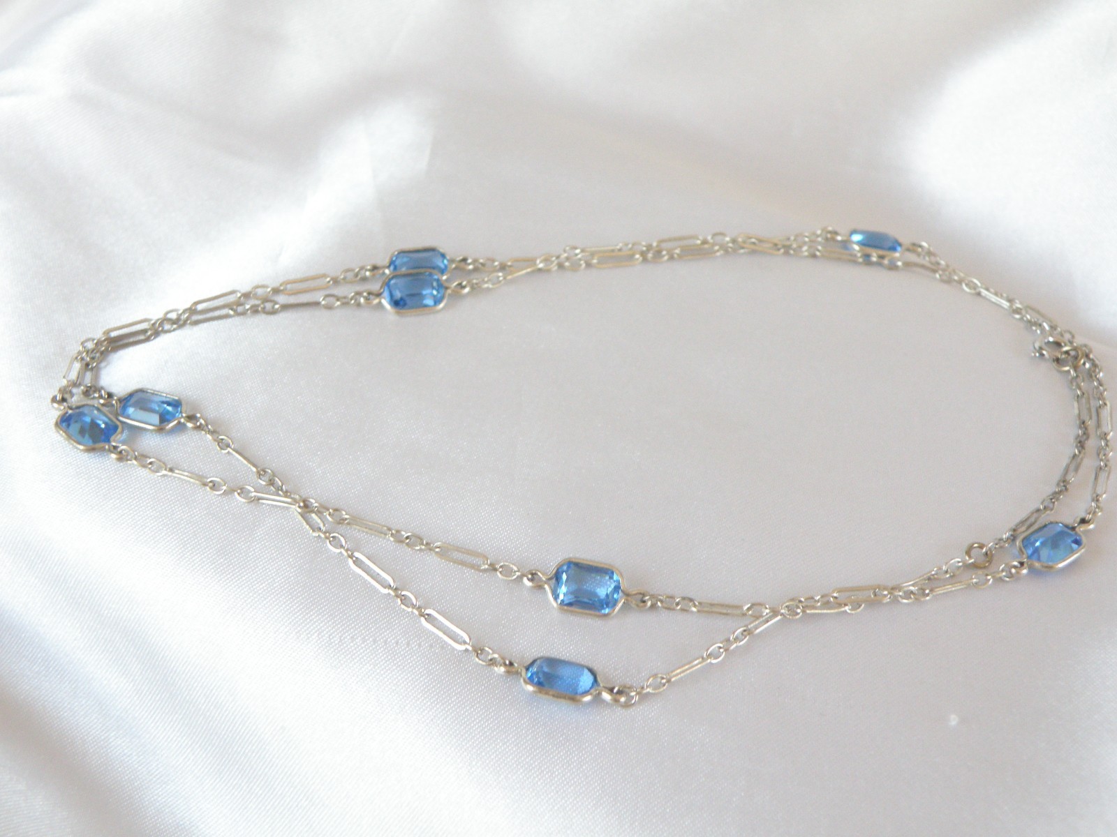 Antique Sterling Silver 925 Blue Gemstone Station Vintage Paperclip Necklace 25″