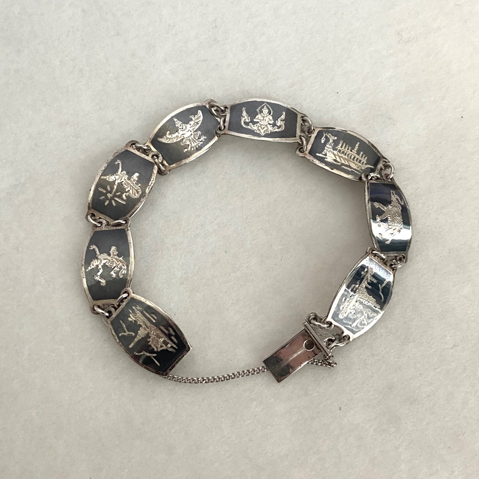 Signed SIAM Thai Sterling Silver 925 Black Niello Garuda Panel Bracelet 6.75″