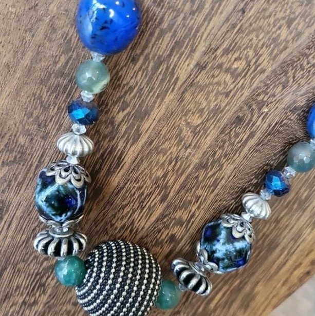 Vtg Multicolored Stone Beaded Silver Tone Necklace Toggle Closure, Free Shipping