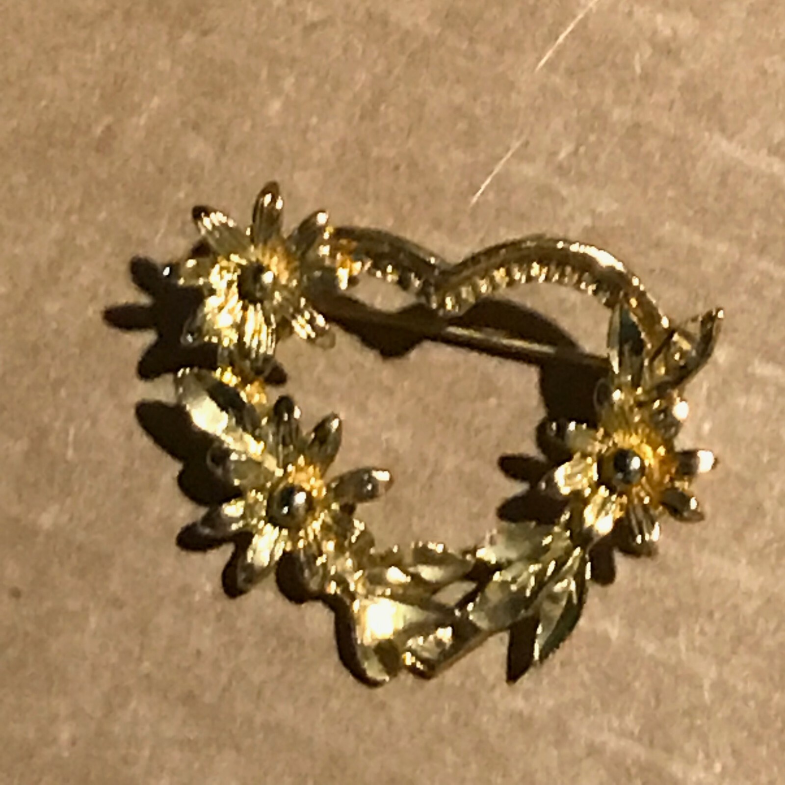 Estate Goldtone Heart with Flowers Pin Brooch – 1.5 x 1 and 3/8th’s inches –
