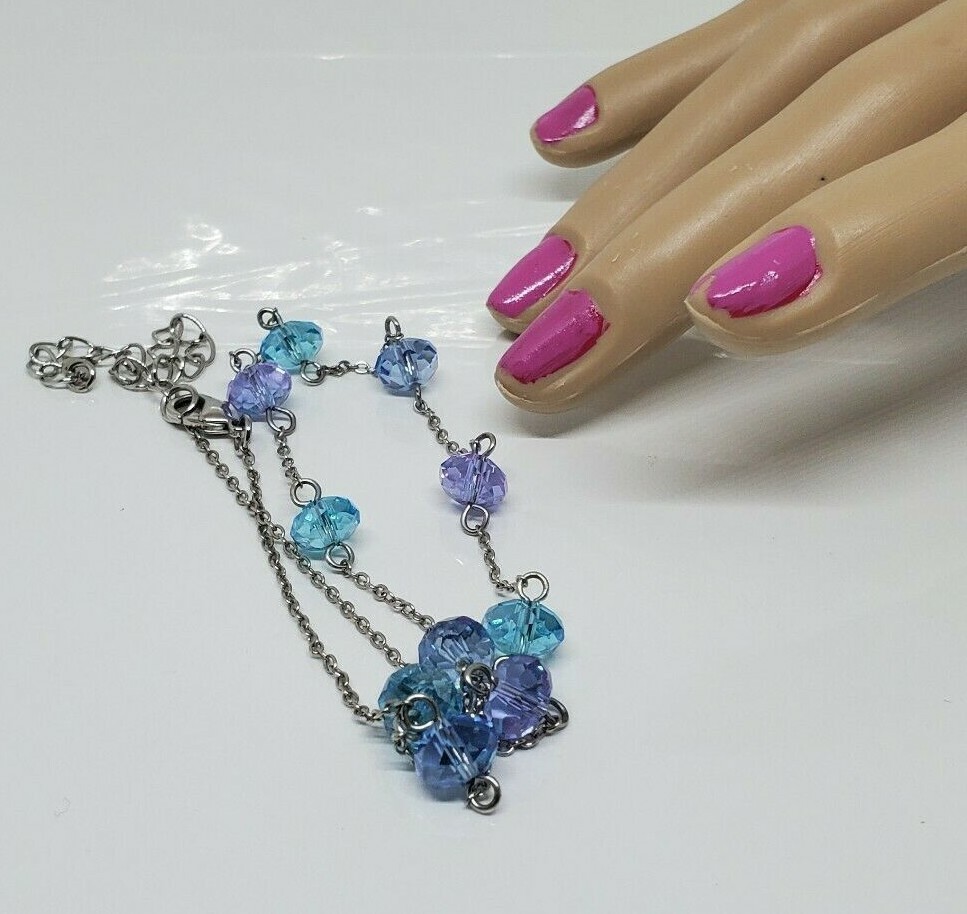 Vintage Beaded Purple Blue Necklace Rhinestone Silver Tone 18″ Adj