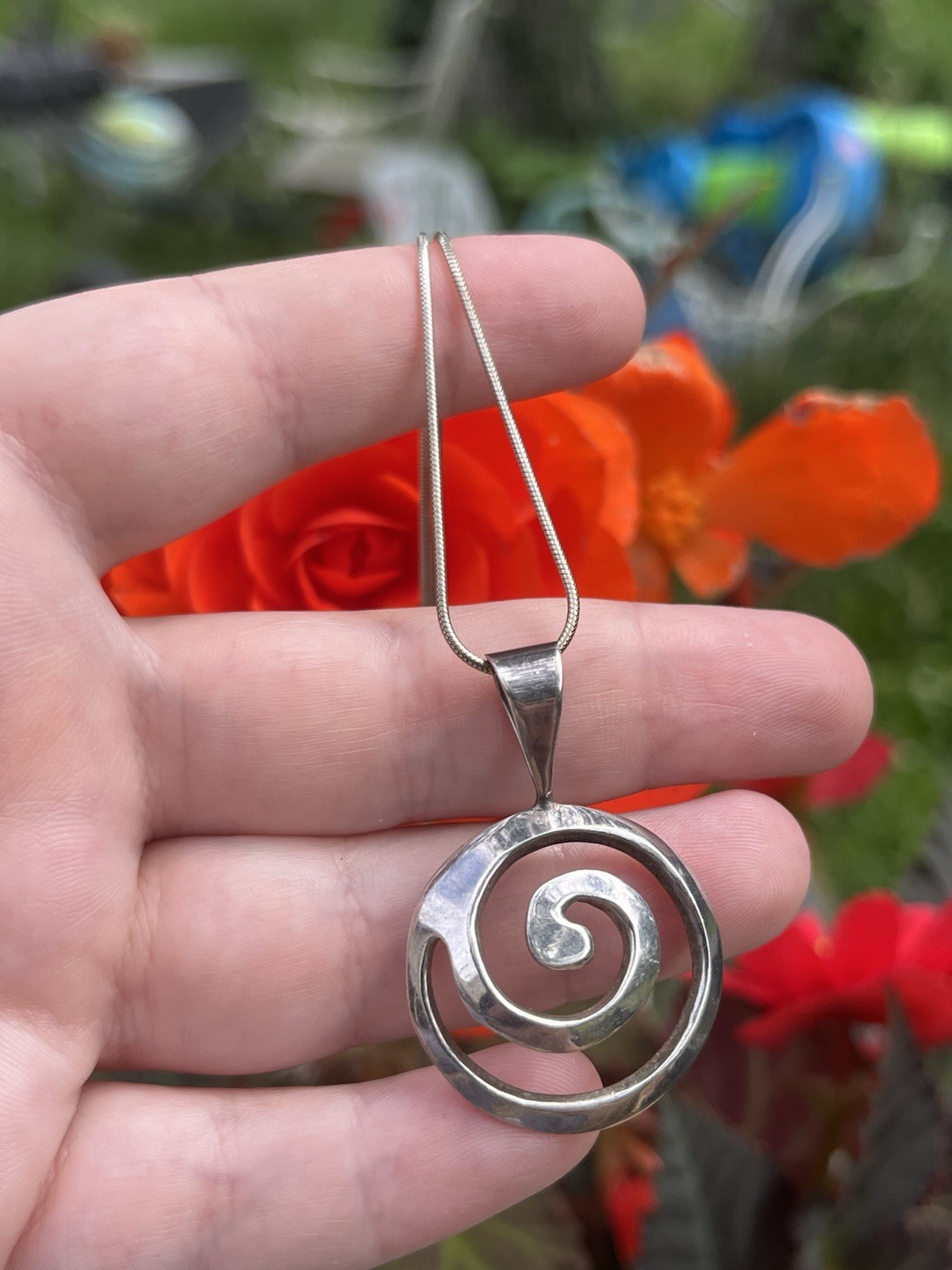 VTG Sterling Silver Spiral Swirl Wave Pendant Necklace Round 925 Snake Chain 20”