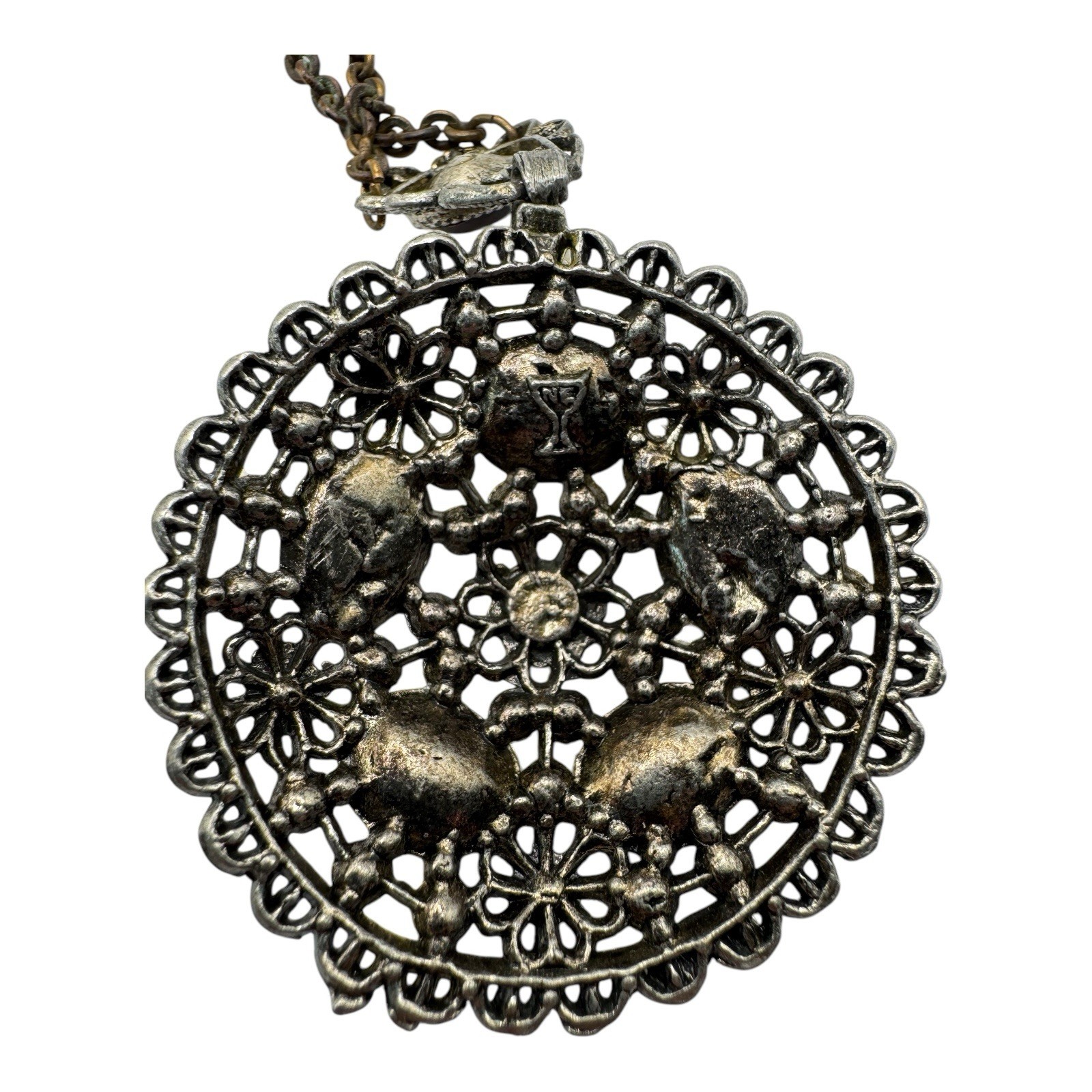 Vintage NE Glass Works Filigree Pendant Necklace – Red Glass Stones, Goblet Mark