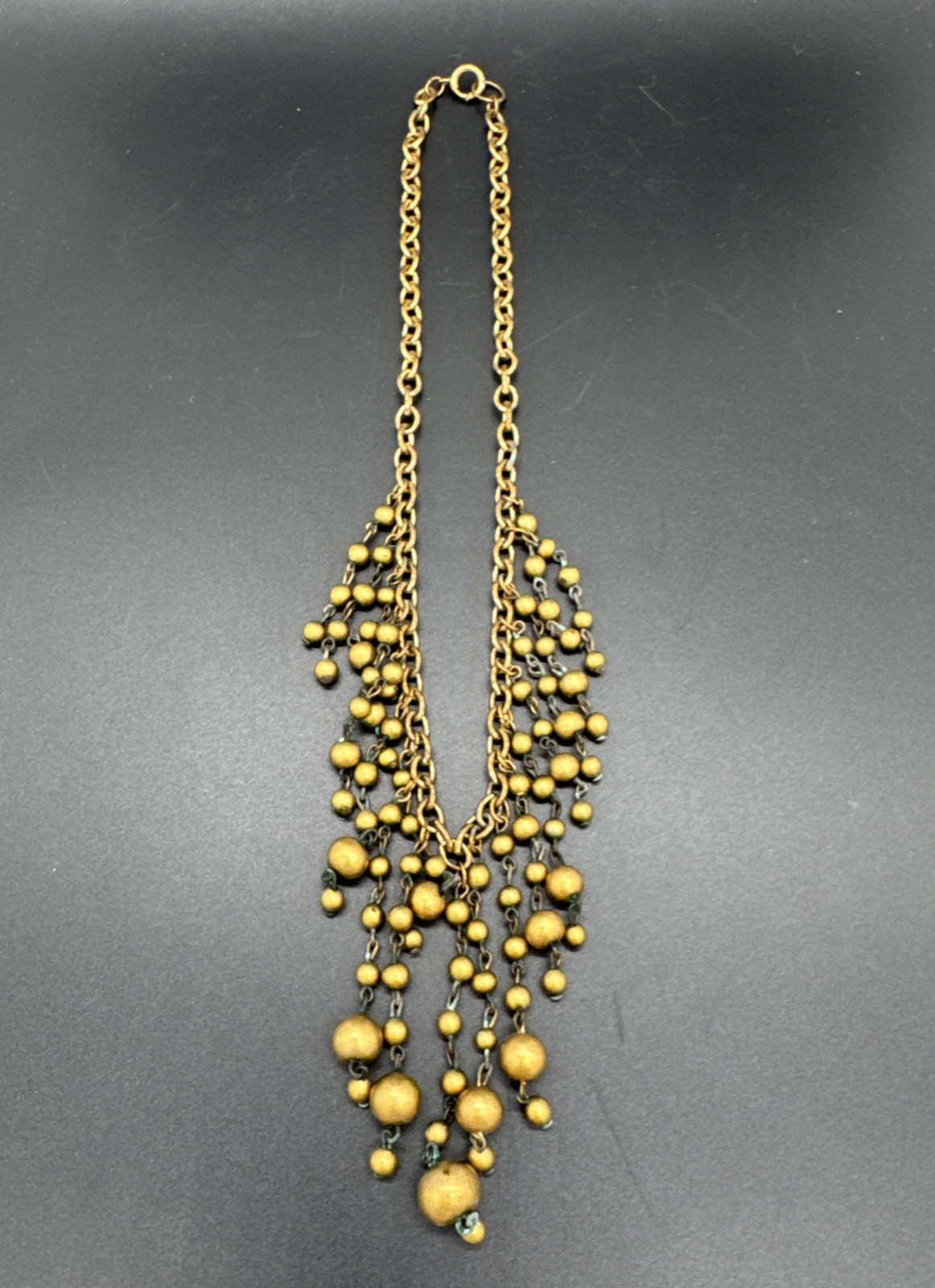 Vintage Yellow Beaded Bib Fringe Statement Necklace Gunmetal Tone