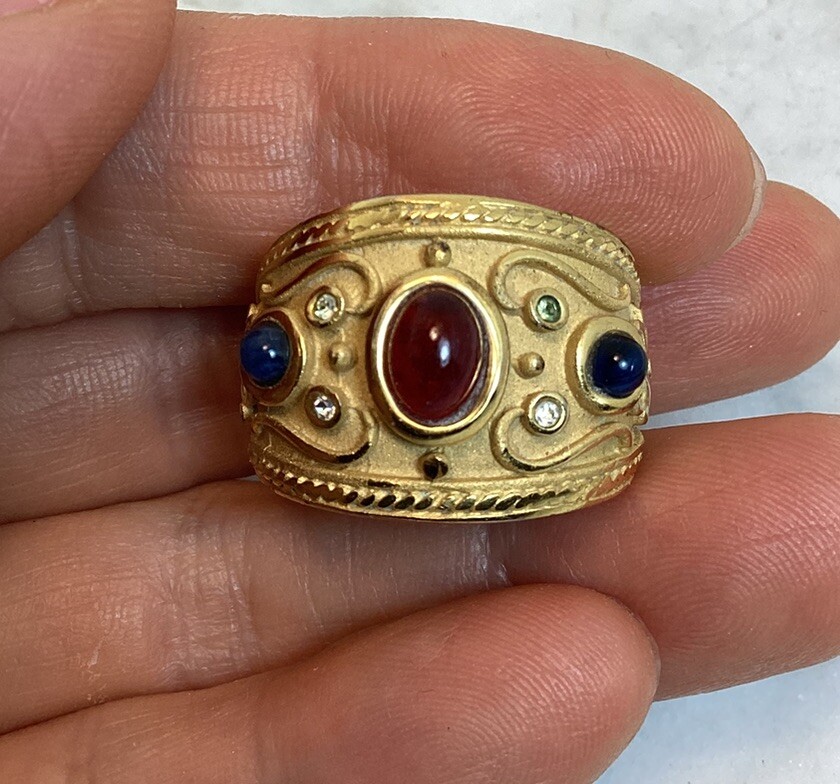 Vintage Gold Plated Byzantine Greek Faux Ruby Sapphire Peridot Ring Size 7