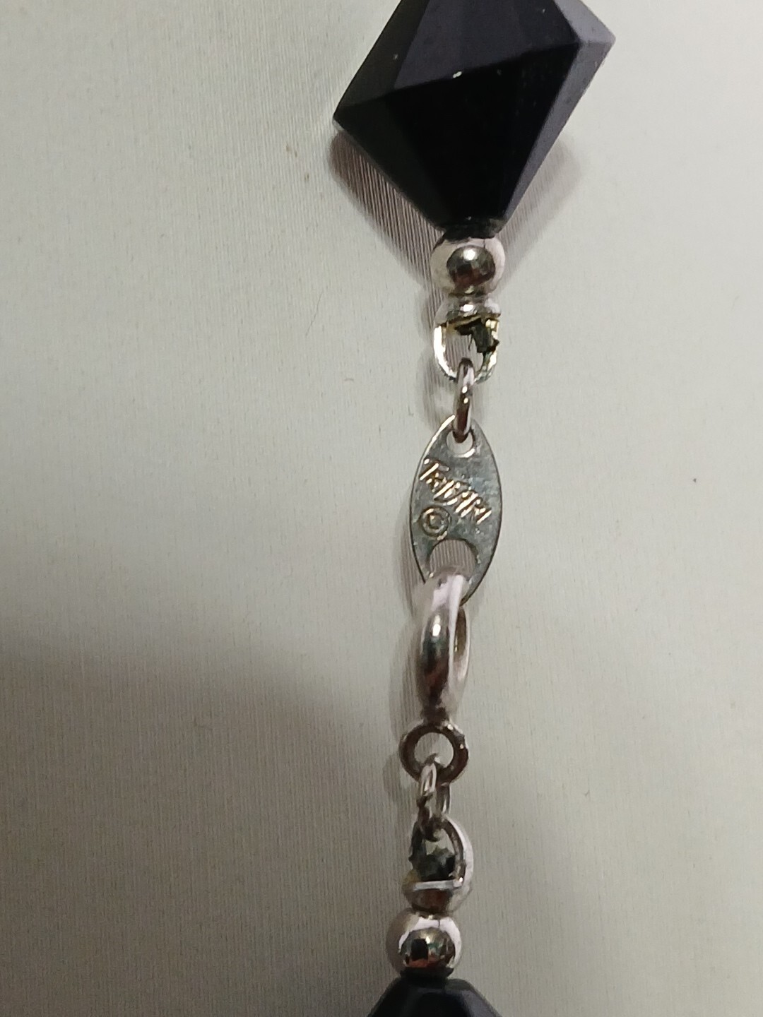 TRIFARI vintage black lucite bicone graduated beads silver tone accents necklace