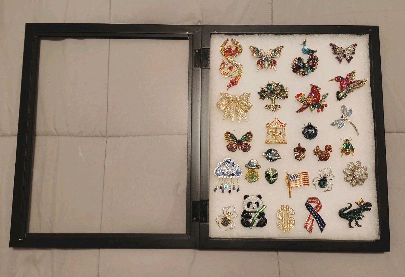 Rhinestone Brooches Lot Of 27 In Glass Front Display Case ** NEW ** ** NICE **