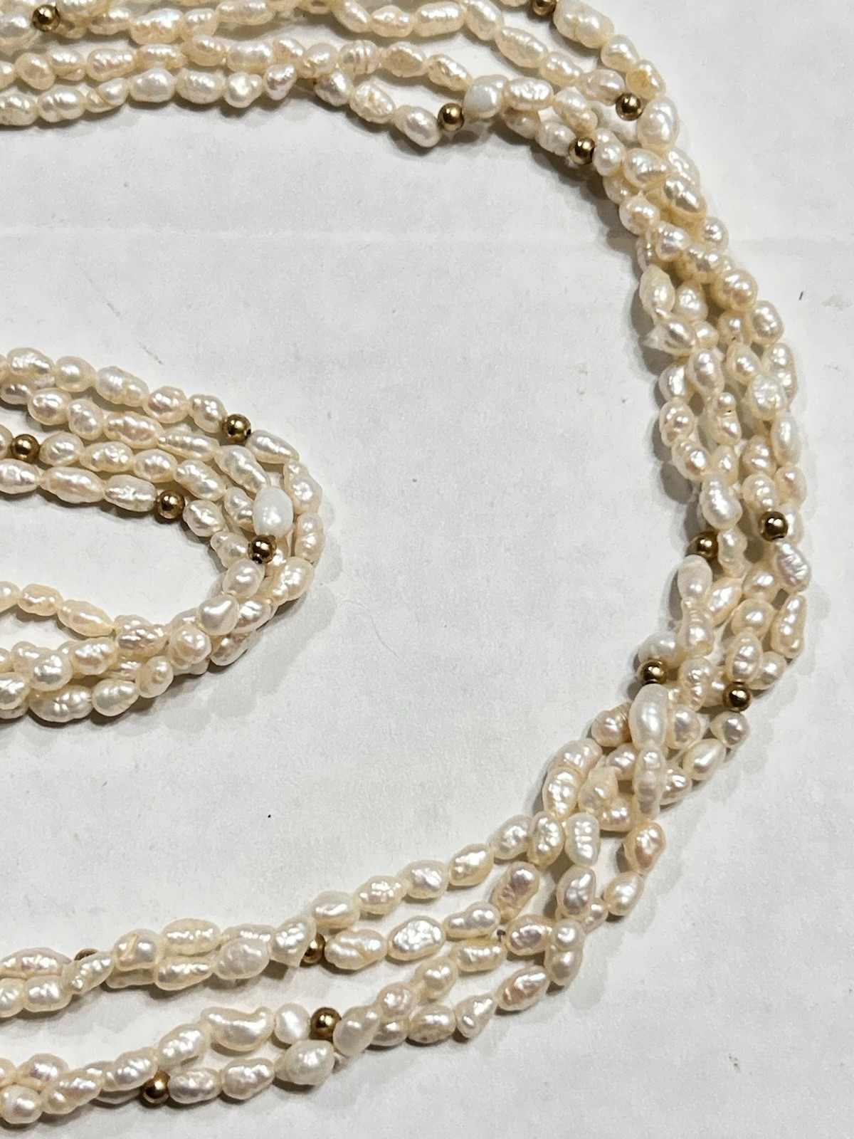 Long 56” Opera Length Necklace Rice Pearls & Gold Plated Beads, 2 Strand Twisted
