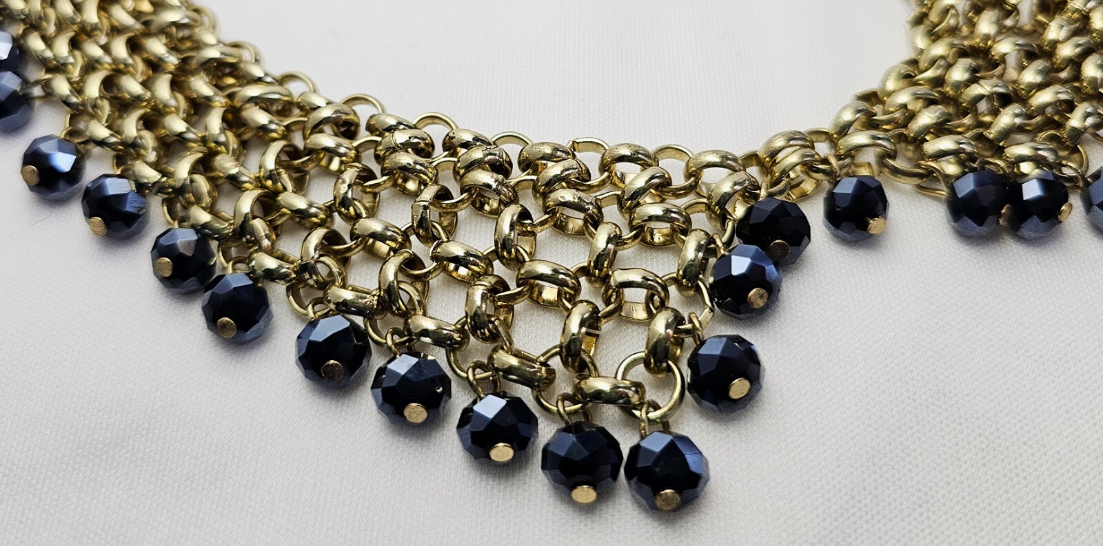 Gold Tone Chain Mail Blue Bead Bib Necklace Collar Fringe Dangling Beads Vintage