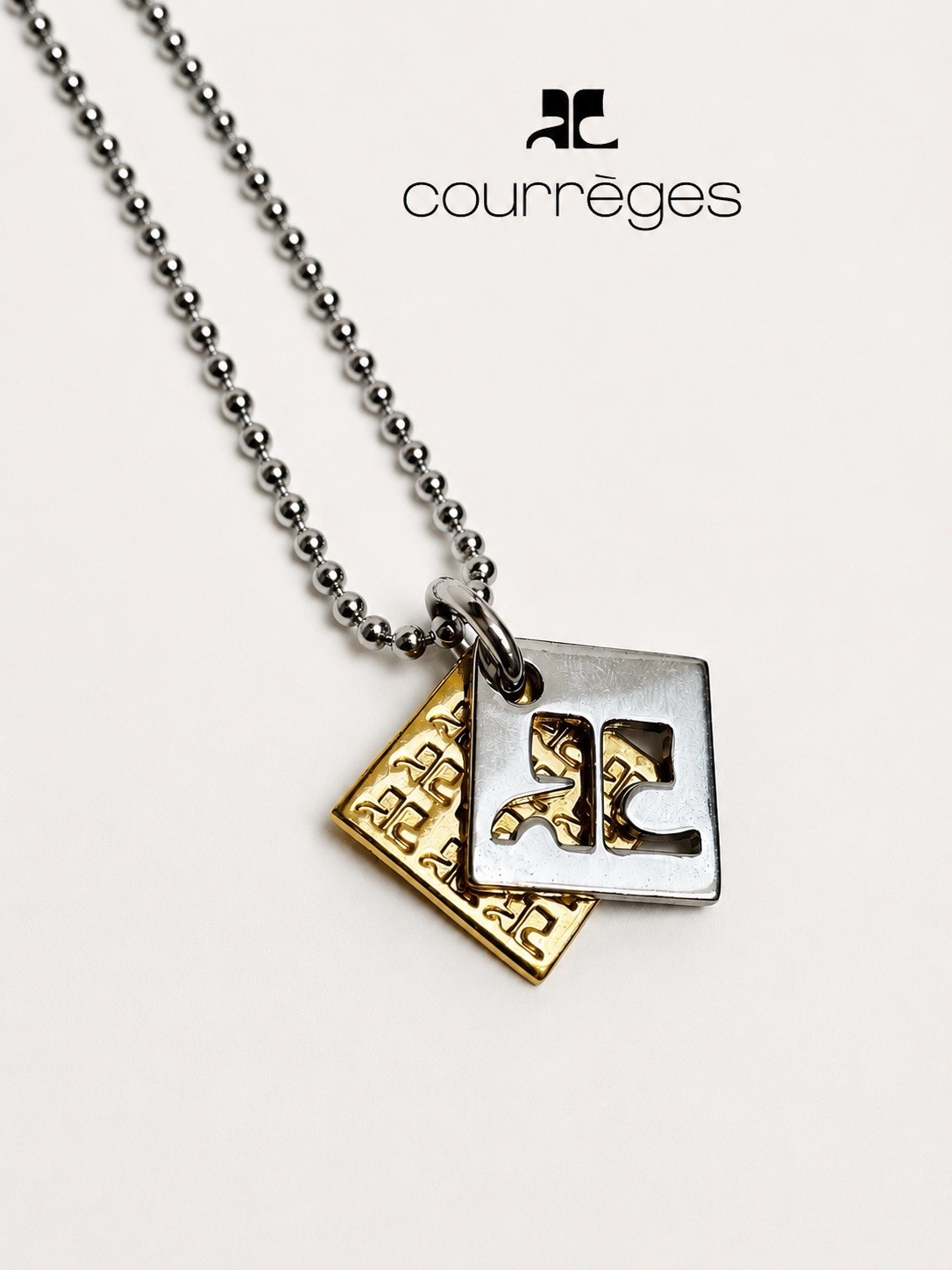 Vintage Courrèges 2 Tone Gold-Plated Circular “AC” Logo Stacked Pendant Necklace